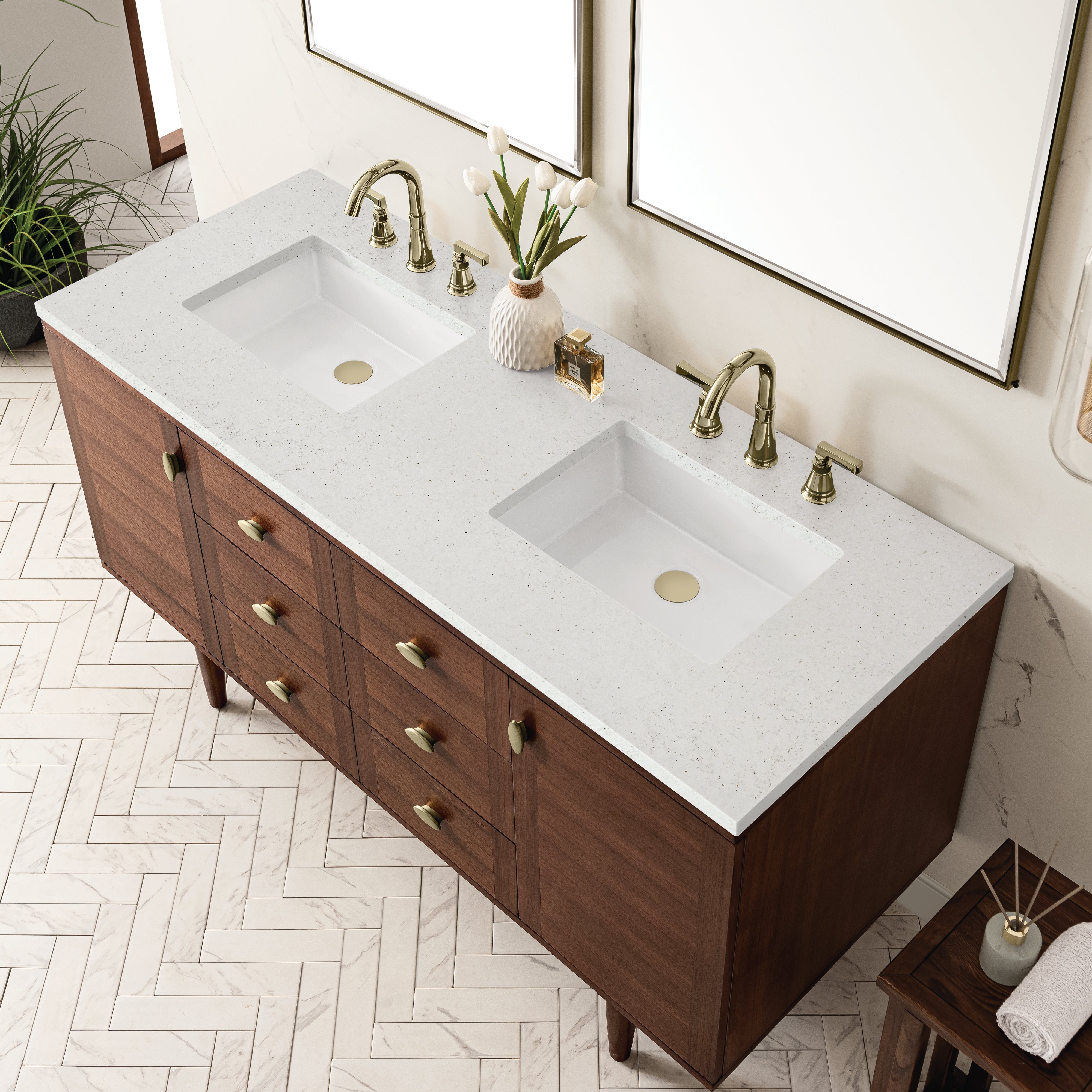 James Martin Amberly 60" Double Vanity in Mid-Century Walnut with 3cm Countertop