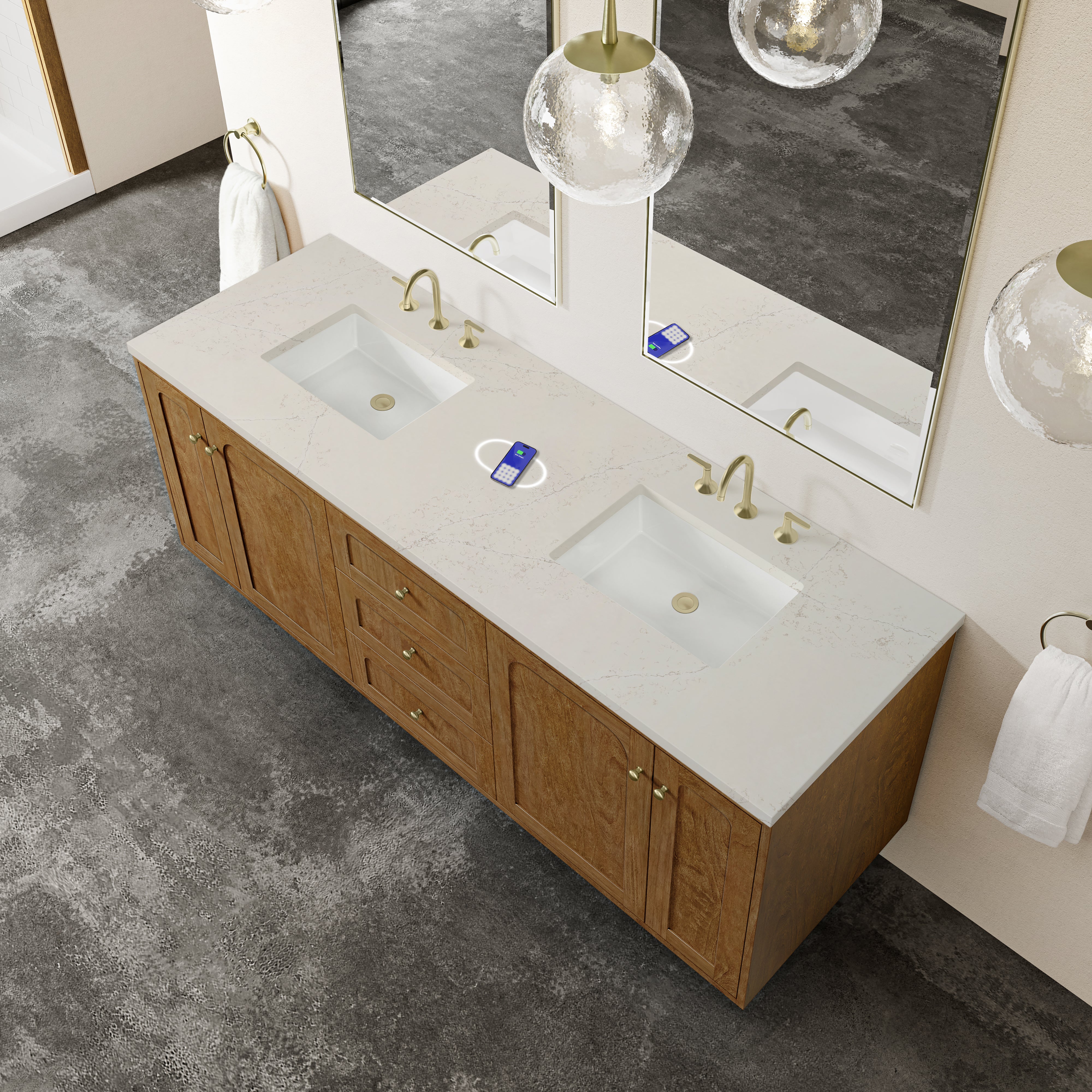 James Martin Laurent 72" Double Vanity in Honey Oak with 3cm Countertop and FreePower Wireless Charger