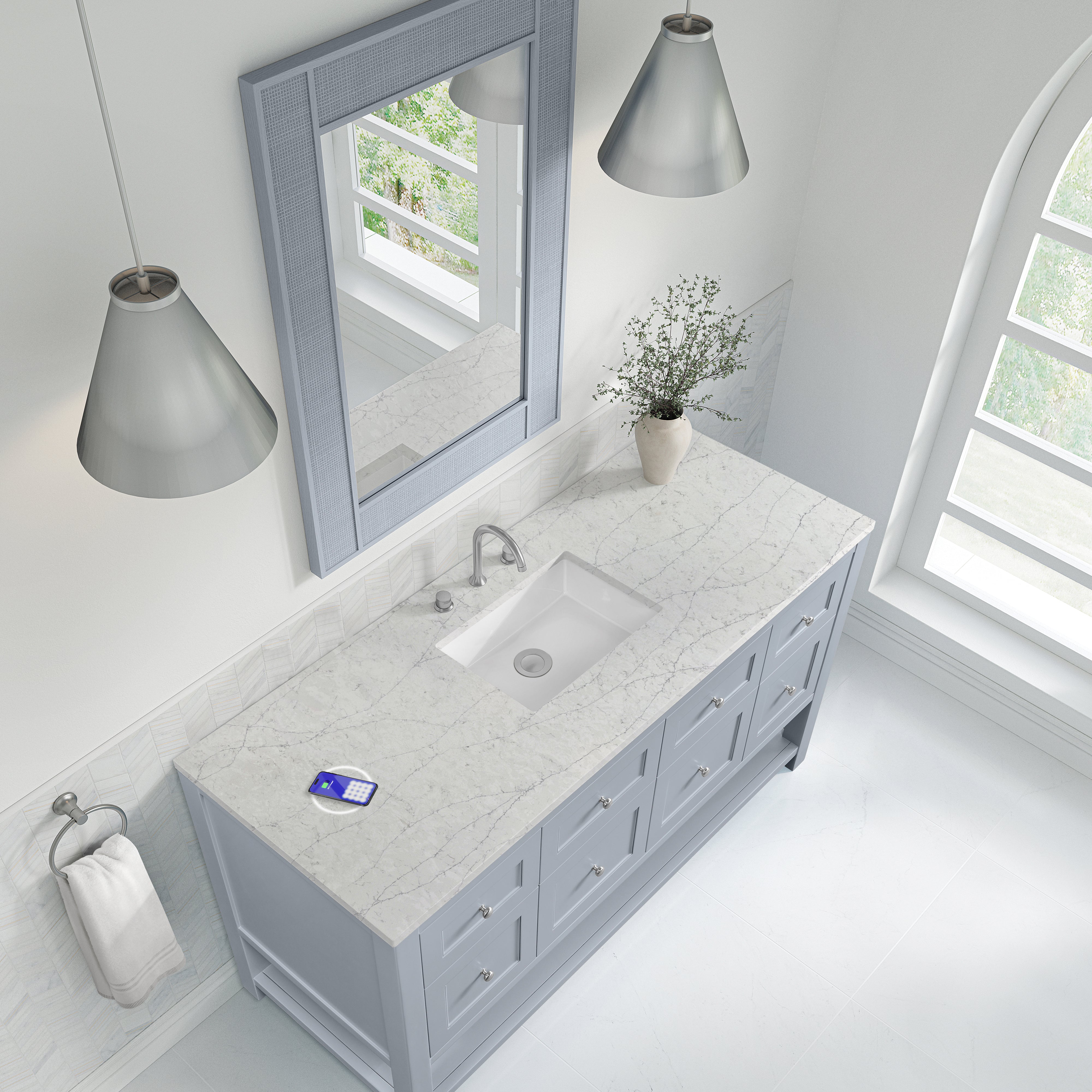 James Martin Breckenridge 60" Single Vanity in Serenity Blue with 3cm Countertop and FreePower Wireless Charger