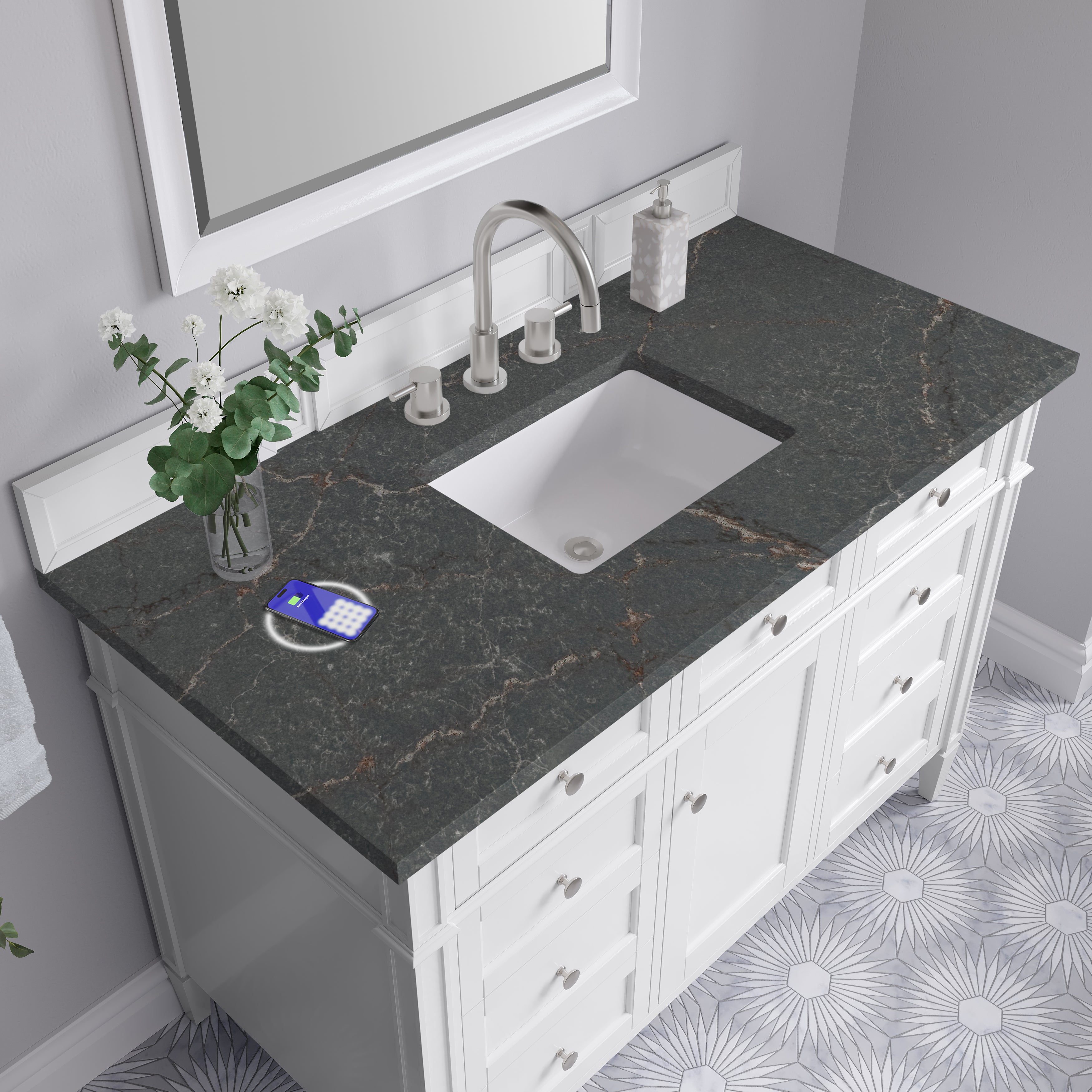 James Martin Brittany 48" Single Vanity in Bright White with 3cm Countertop and FreePower Wireless Charger