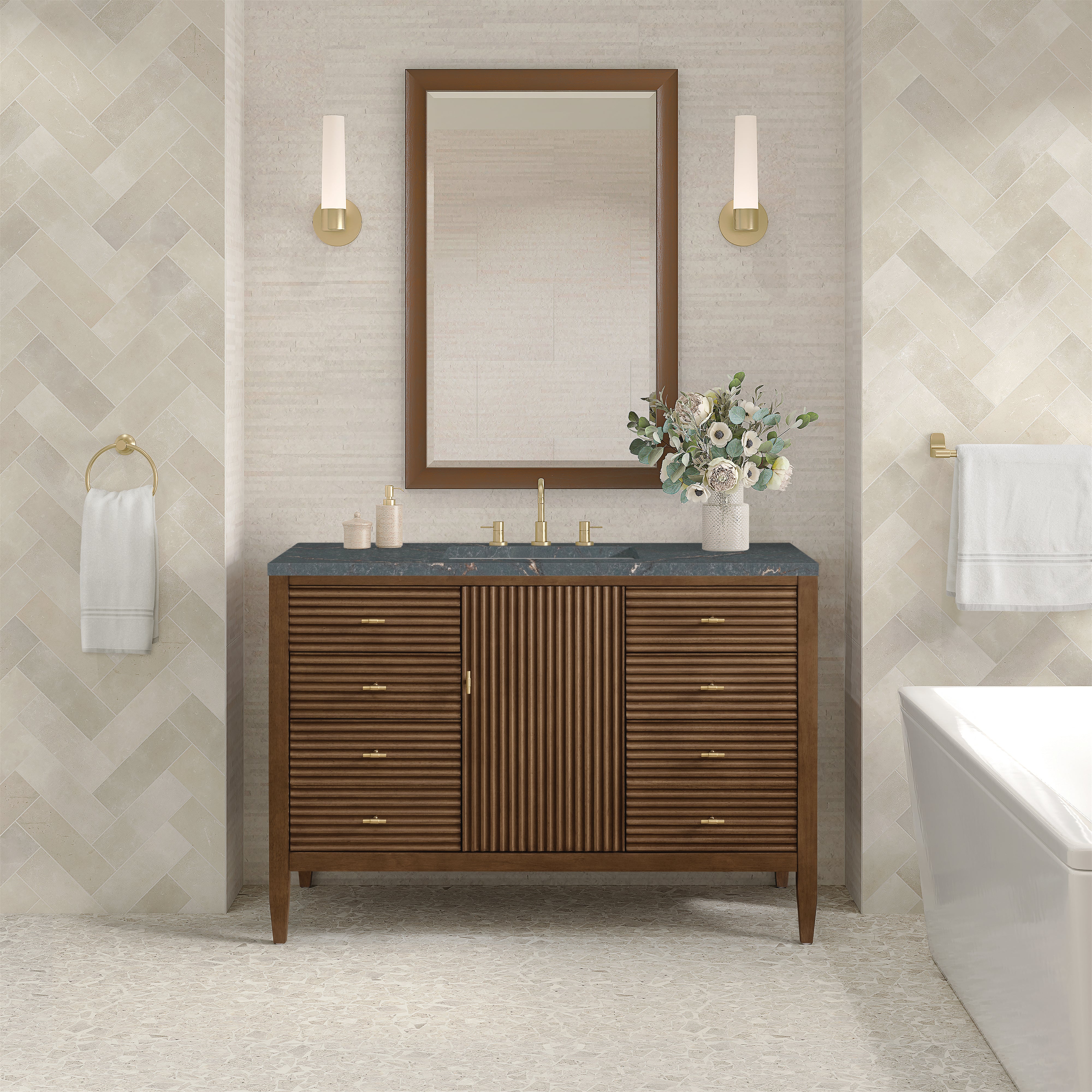 James Martin Myrrin 48" Single Vanity in Mid Century Walnut with 3cm Countertop and FreePower Wireless Charger