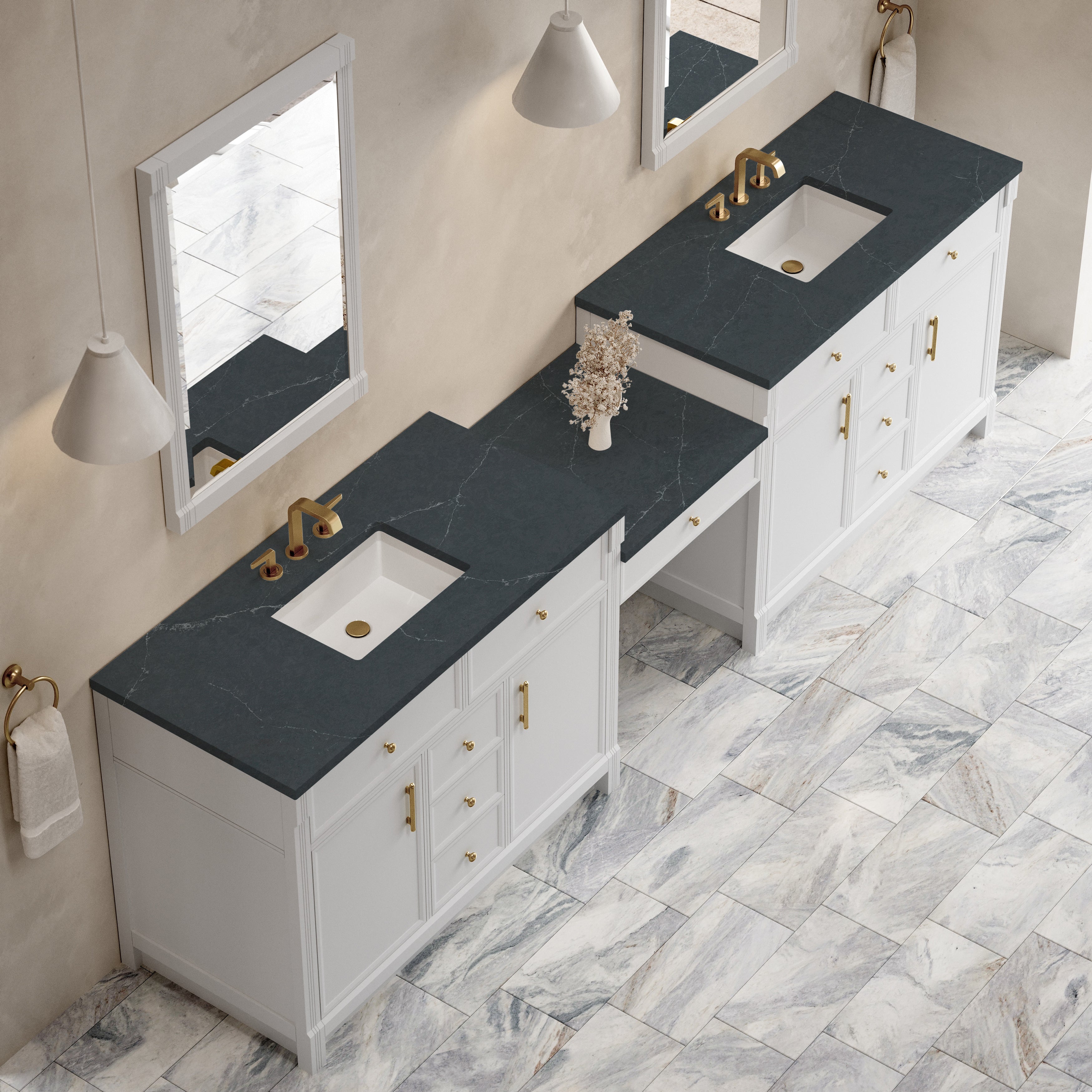 James Martin Bellshire 120" Dual Vanity Set with 24" Make-Up Counter in Bright White with 3cm Countertop