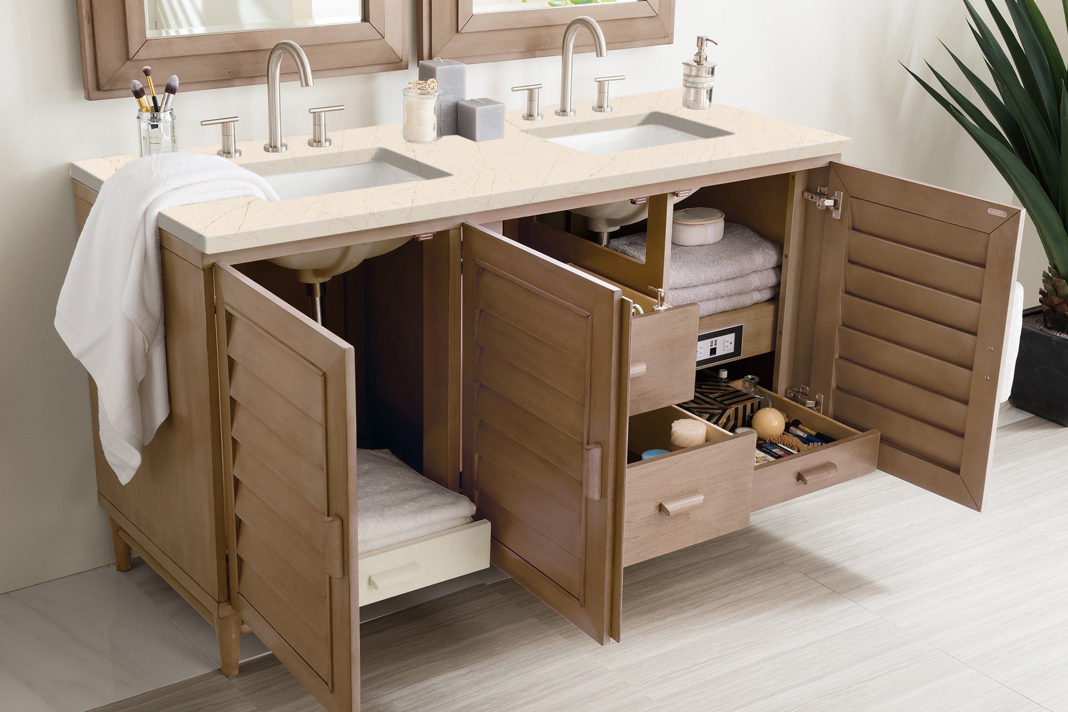James Martin Portland 60" Double Vanity in Whitewashed Walnut with 3cm Countertop