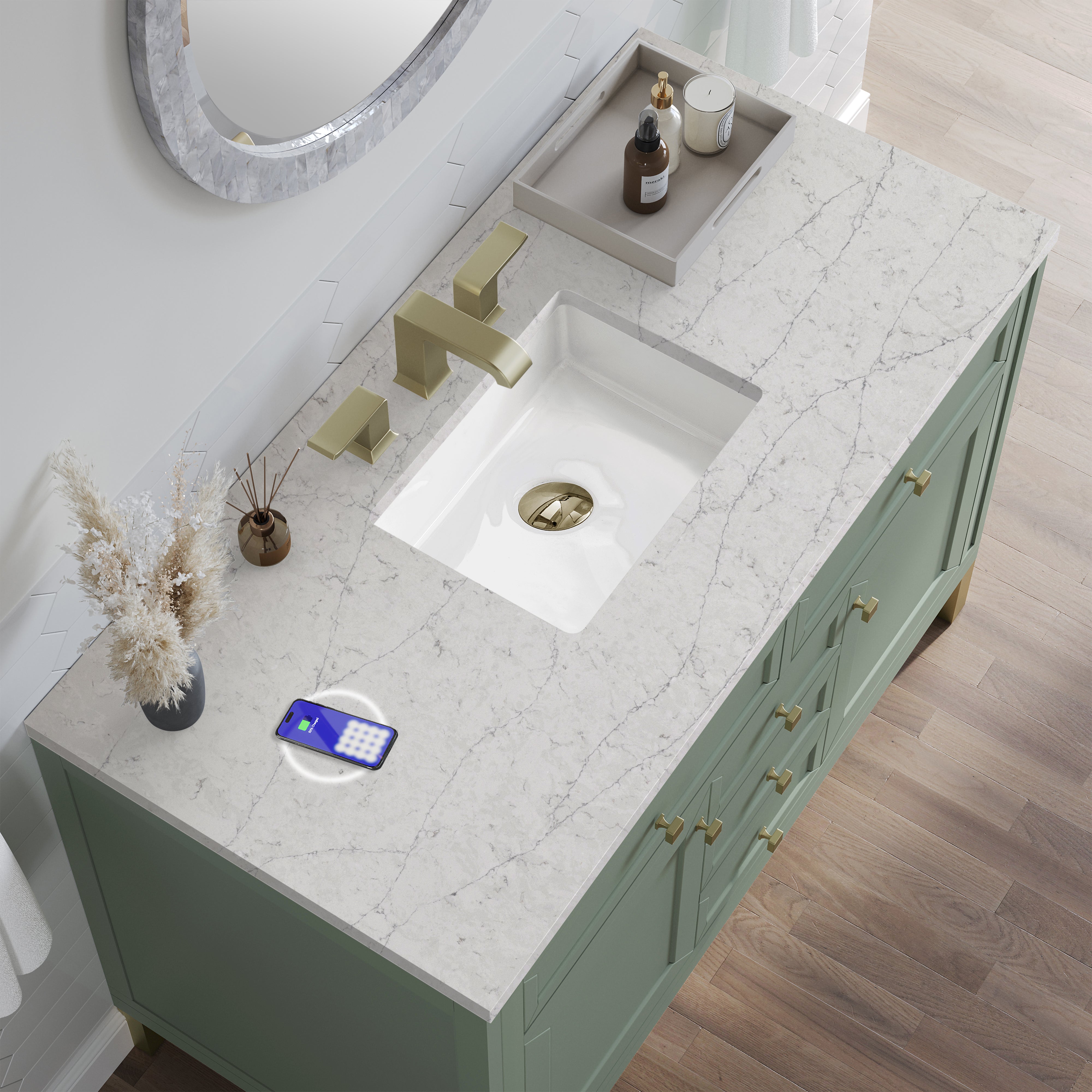 James Martin Chicago 48" Single Vanity in Smokey Celadon with 3cm Countertop and FreePower Wireless Charger