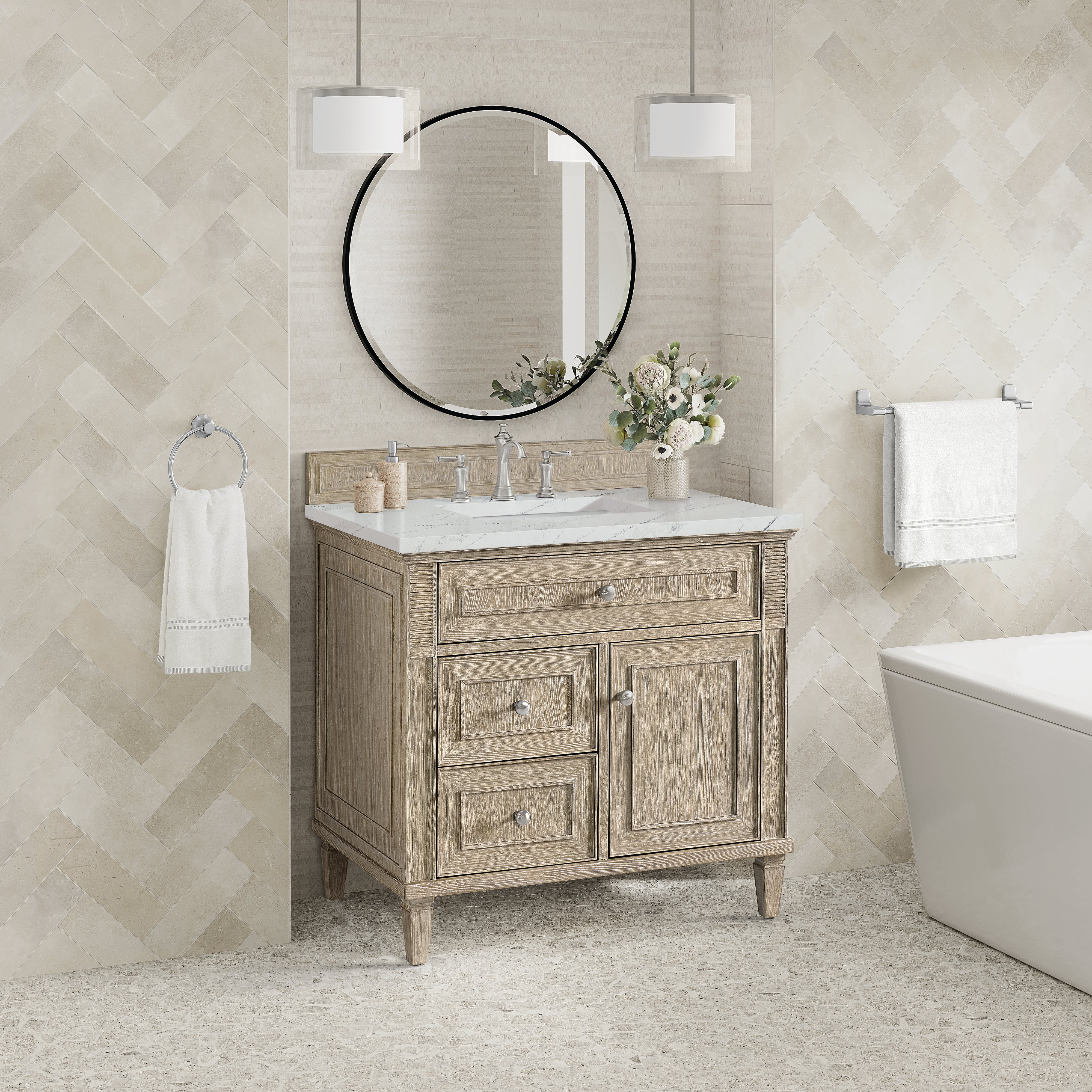 James Martin Lorelai 36" Single Vanity in Whitewashed Oak with 3cm Countertop