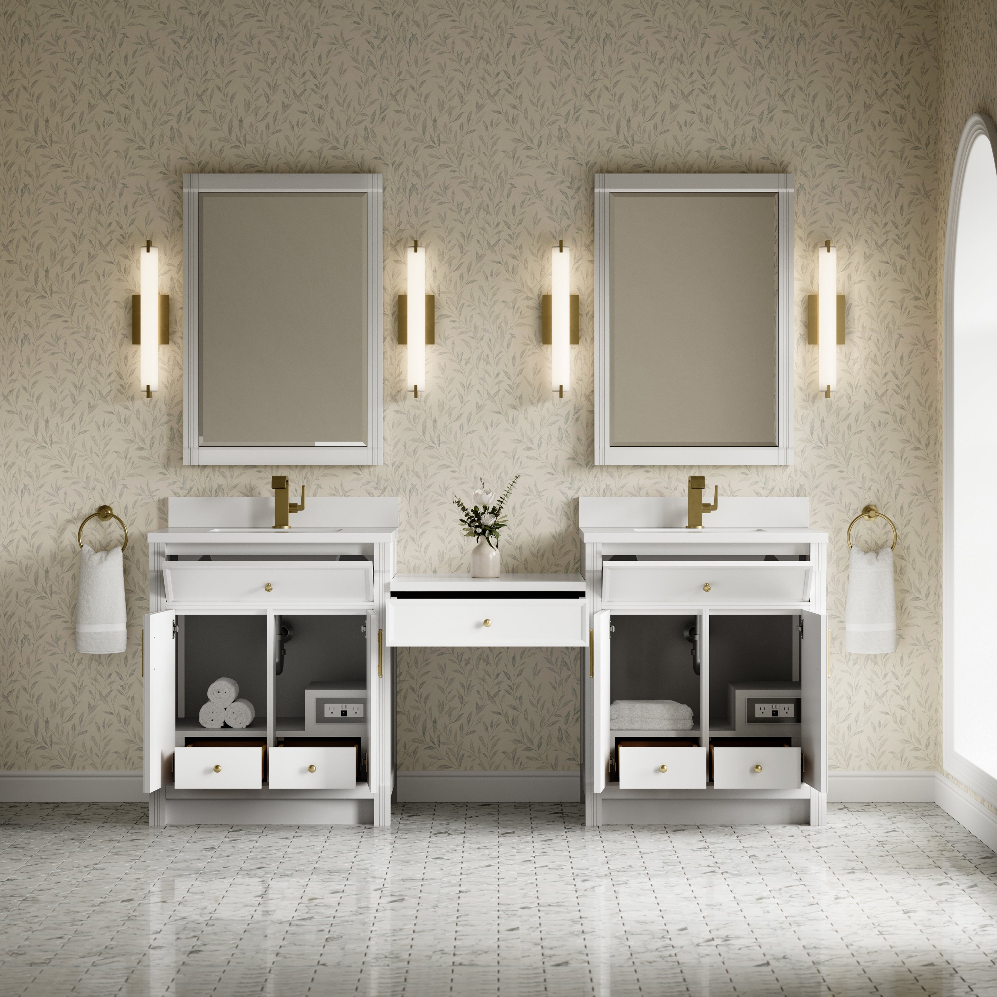 James Martin Bellshire 84" Dual Vanity Set with 24" Make-Up Counter in Bright White with 3cm Countertop