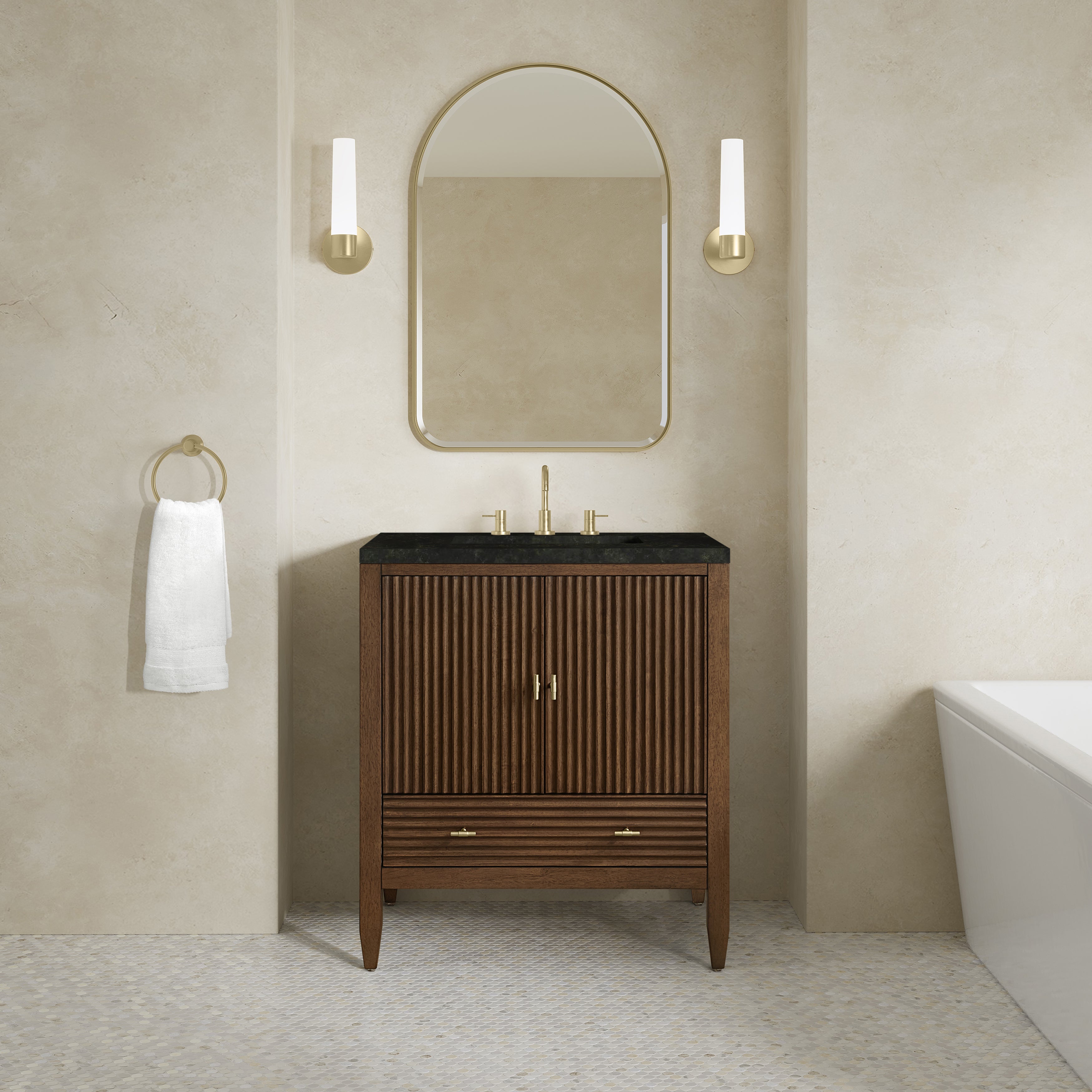 James Martin Myrrin 30" Single Vanity in Mid-Century Walnut with 3cm Countertop