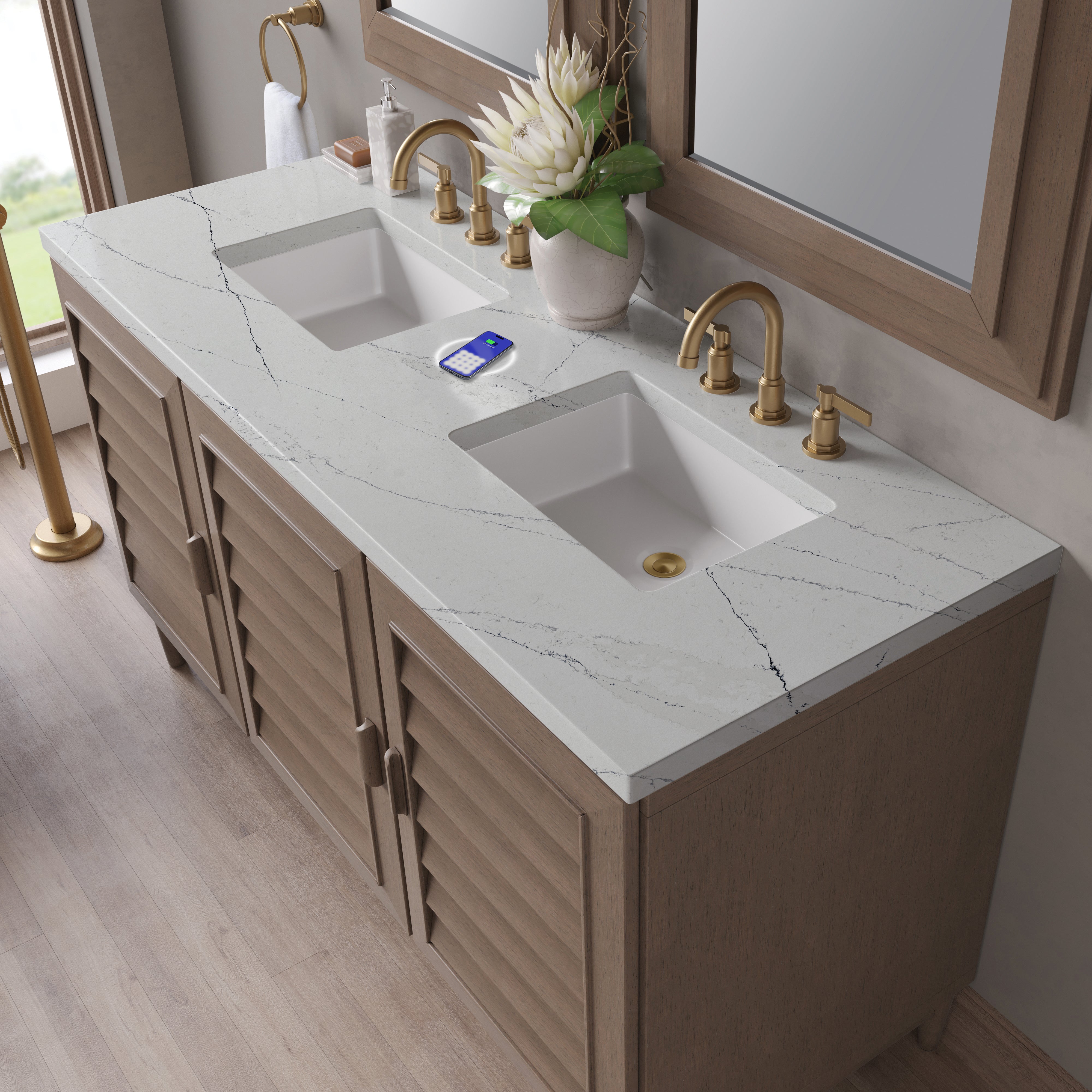 James Martin Portland 60" Double Vanity in Whitewashed Walnut with 3cm Countertop and FreePower Wireless Charger