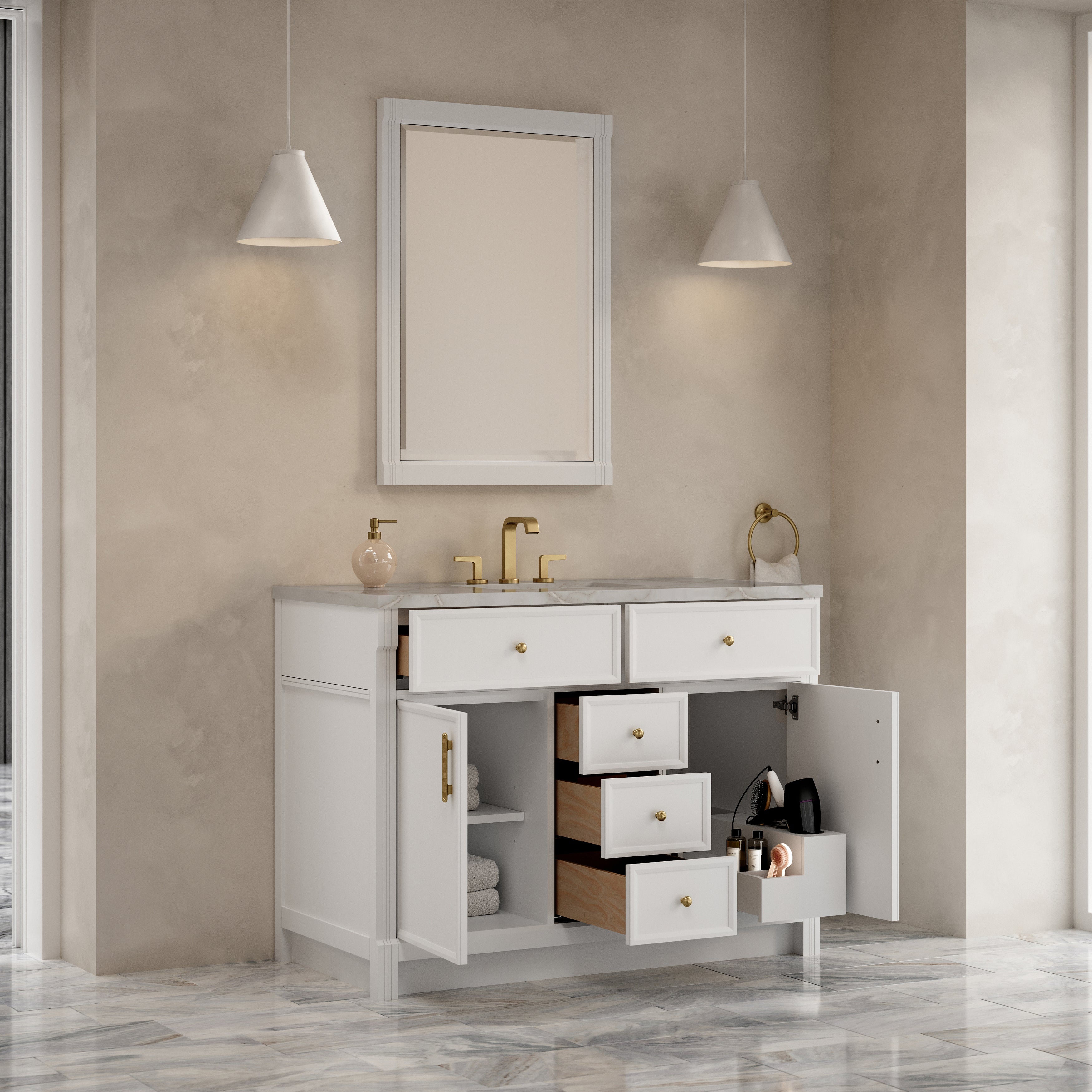 James Martin Bellshire 48" Single Vanity in Bright White with 3cm Countertop and FreePower Wireless Charger