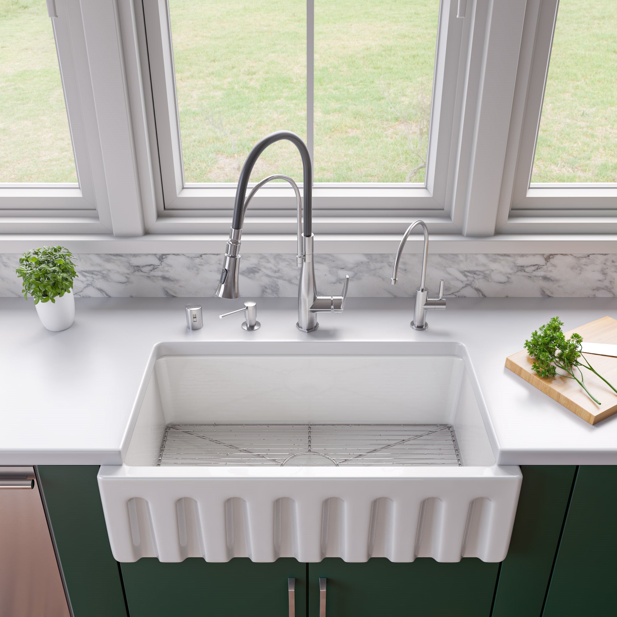 ALFI brand AB3318HS 33" x 18" Reversible Fluted / Smooth Fireclay Farm Sink
