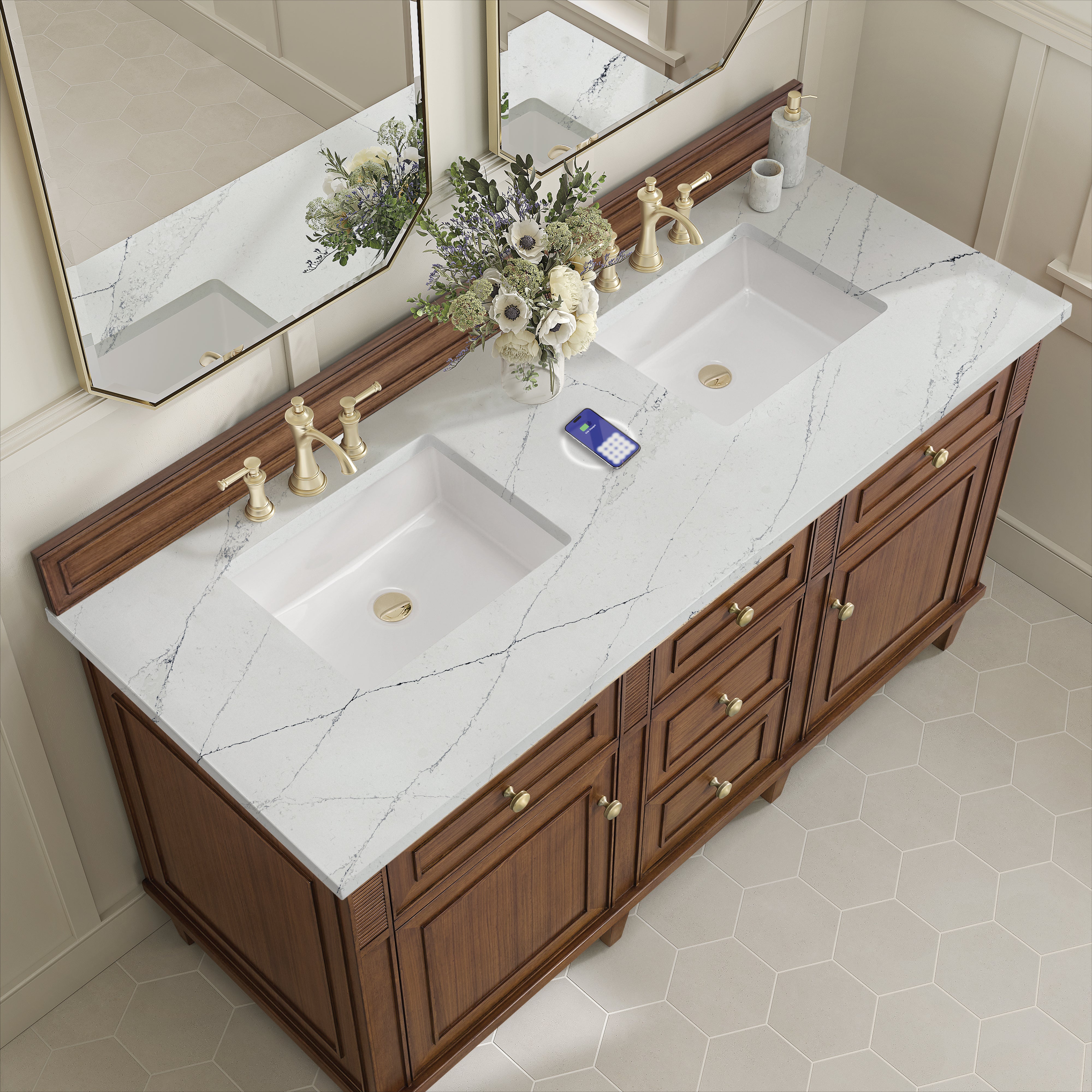 James Martin Lorelai 60" Double Vanity in Mid-Century Walnut with 3cm Countertop and FreePower Wireless Charger