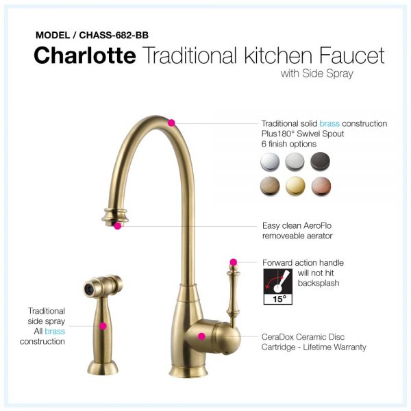 Charlotte Traditional Solid Brass Kitchen Faucet with Sidespray