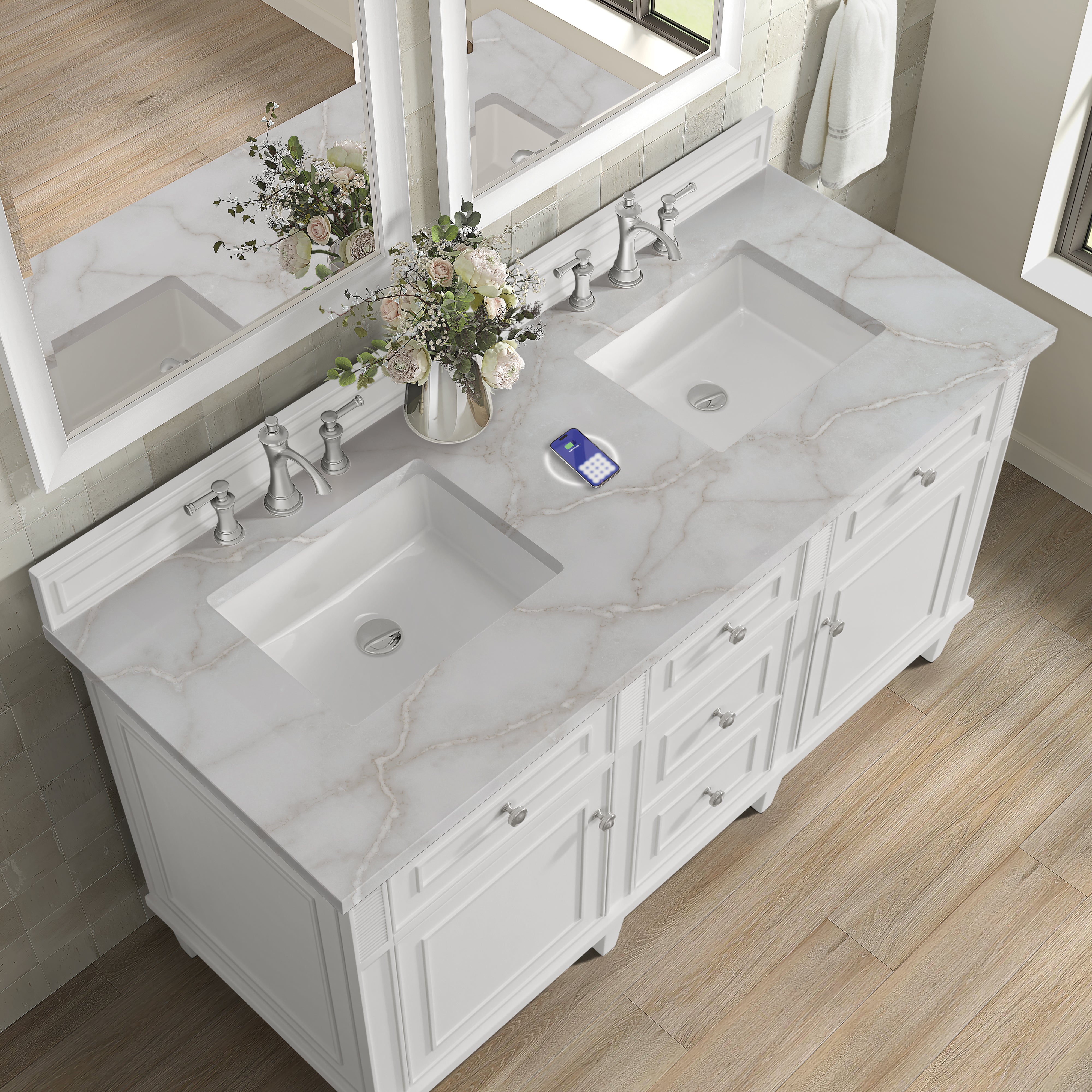 James Martin Lorelai 60" Double Vanity in Bright White with 3cm Countertop and FreePower Wireless Charger