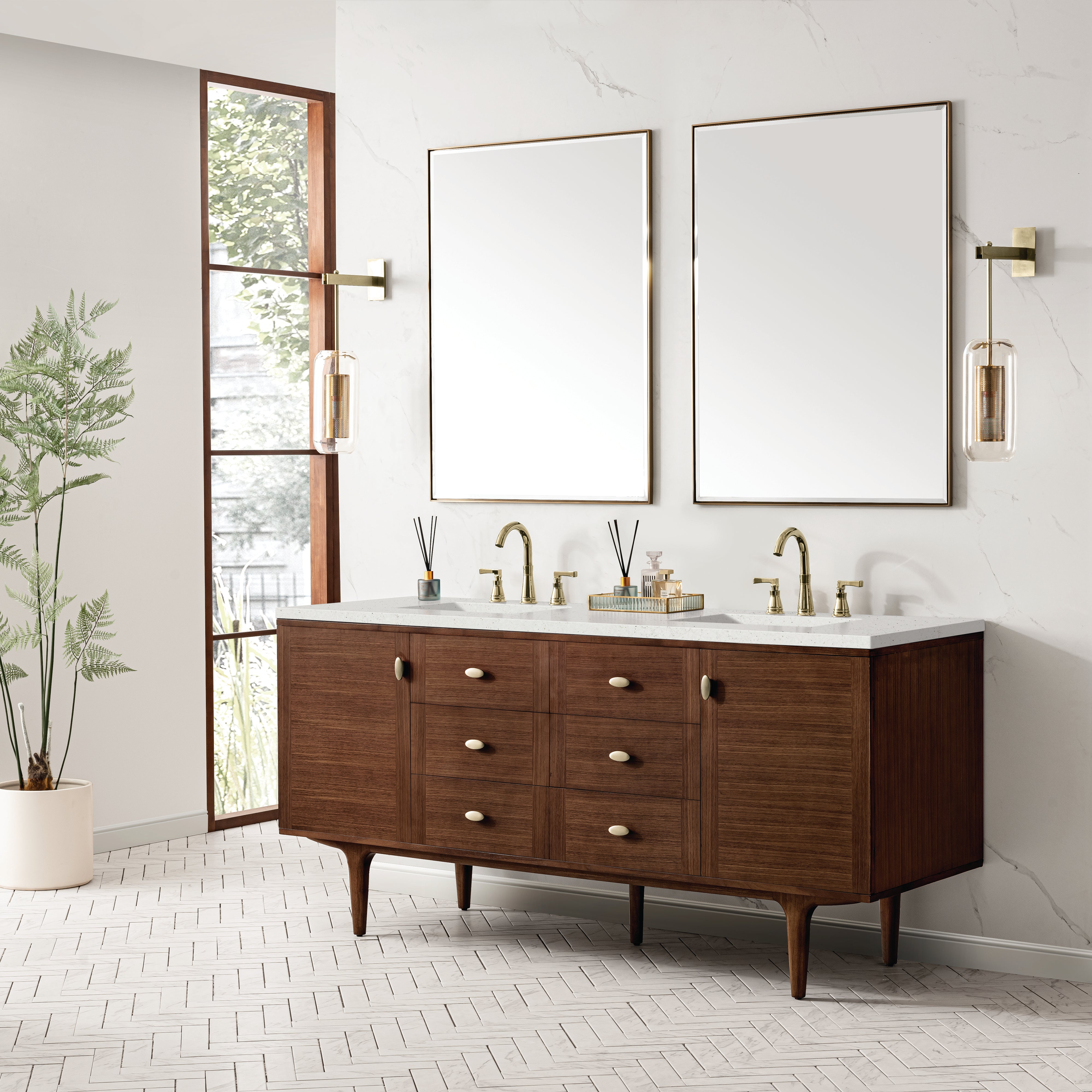 James Martin Amberly 72" Double Vanity in Mid-Century Walnut with 3cm Countertop