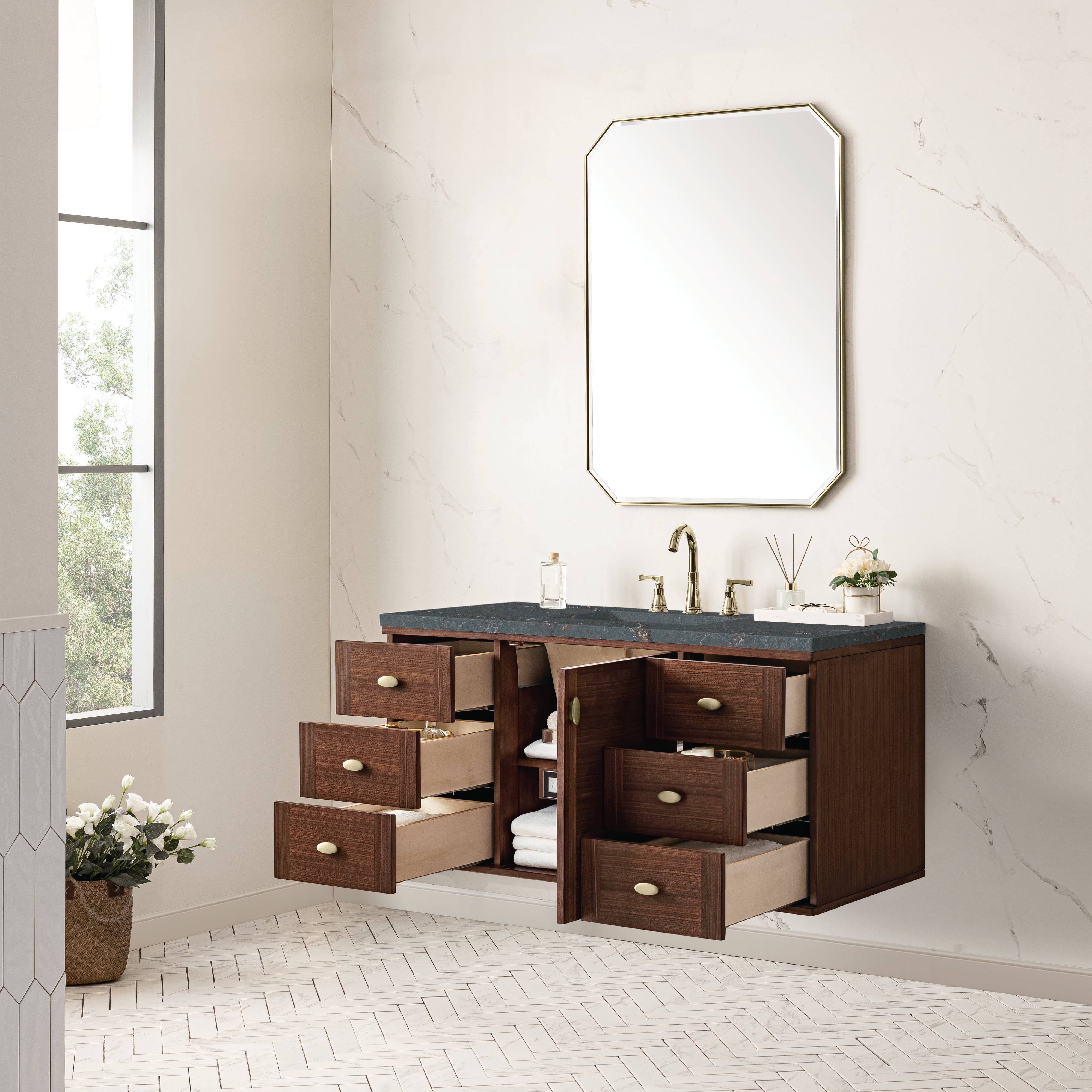 James Martin Amberly 48" Single Vanity in Mid-Century Walnut with 3cm Countertop and FreePower Wireless Charger