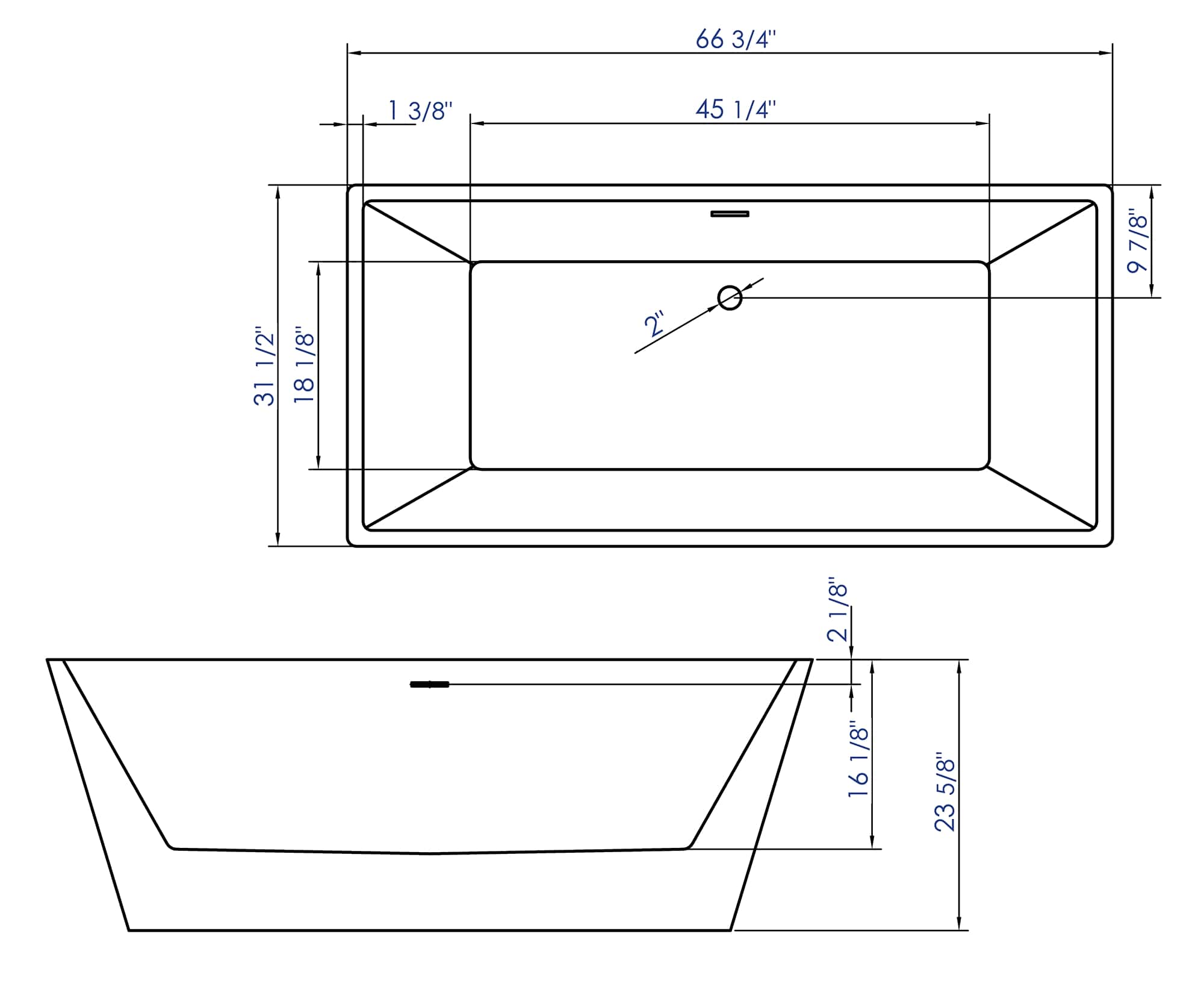 ALFI brand  AB8832 67 inch White Rectangular Acrylic Free Standing Soaking Bathtub