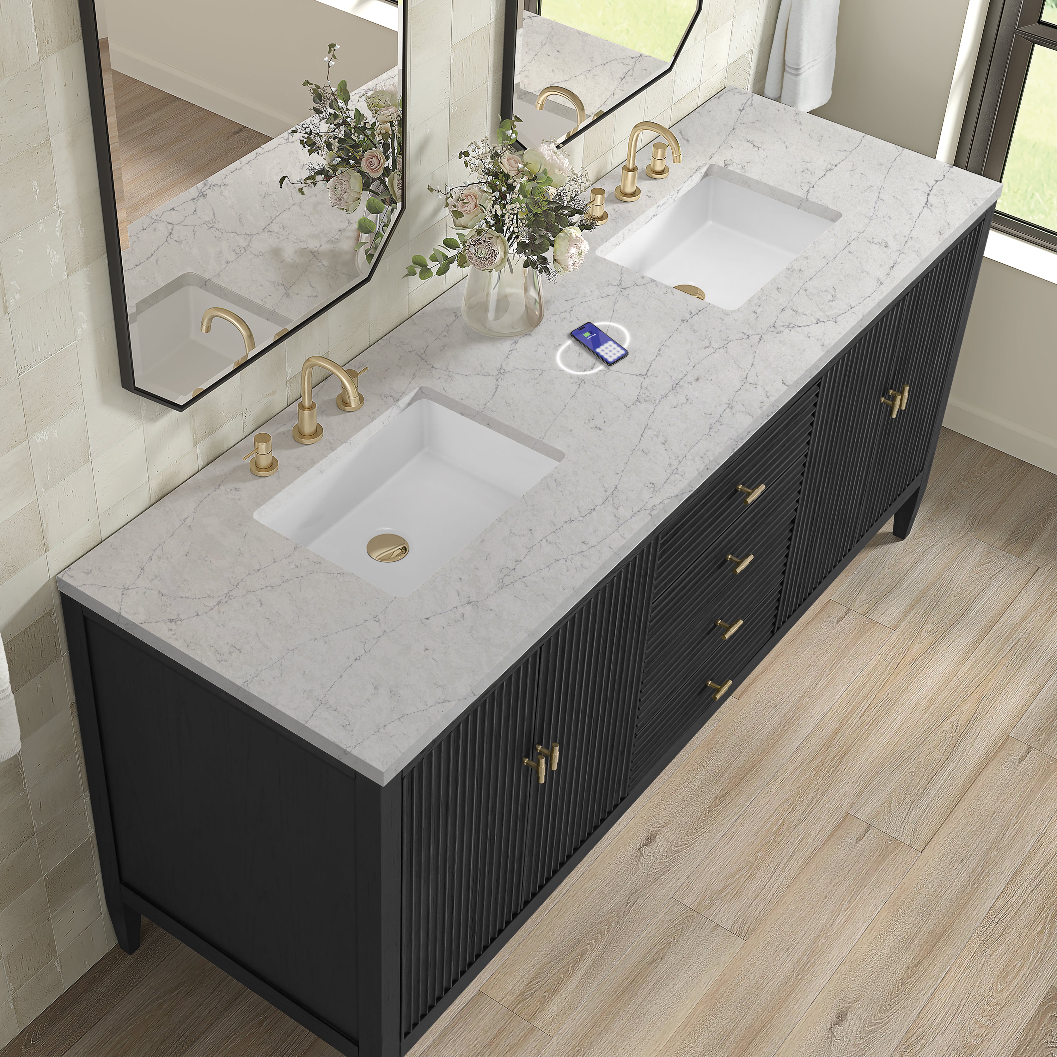 James Martin Myrrin 72" Double Vanity in Carbon Oak with 3cm Countertop and FreePower Wireless Charger