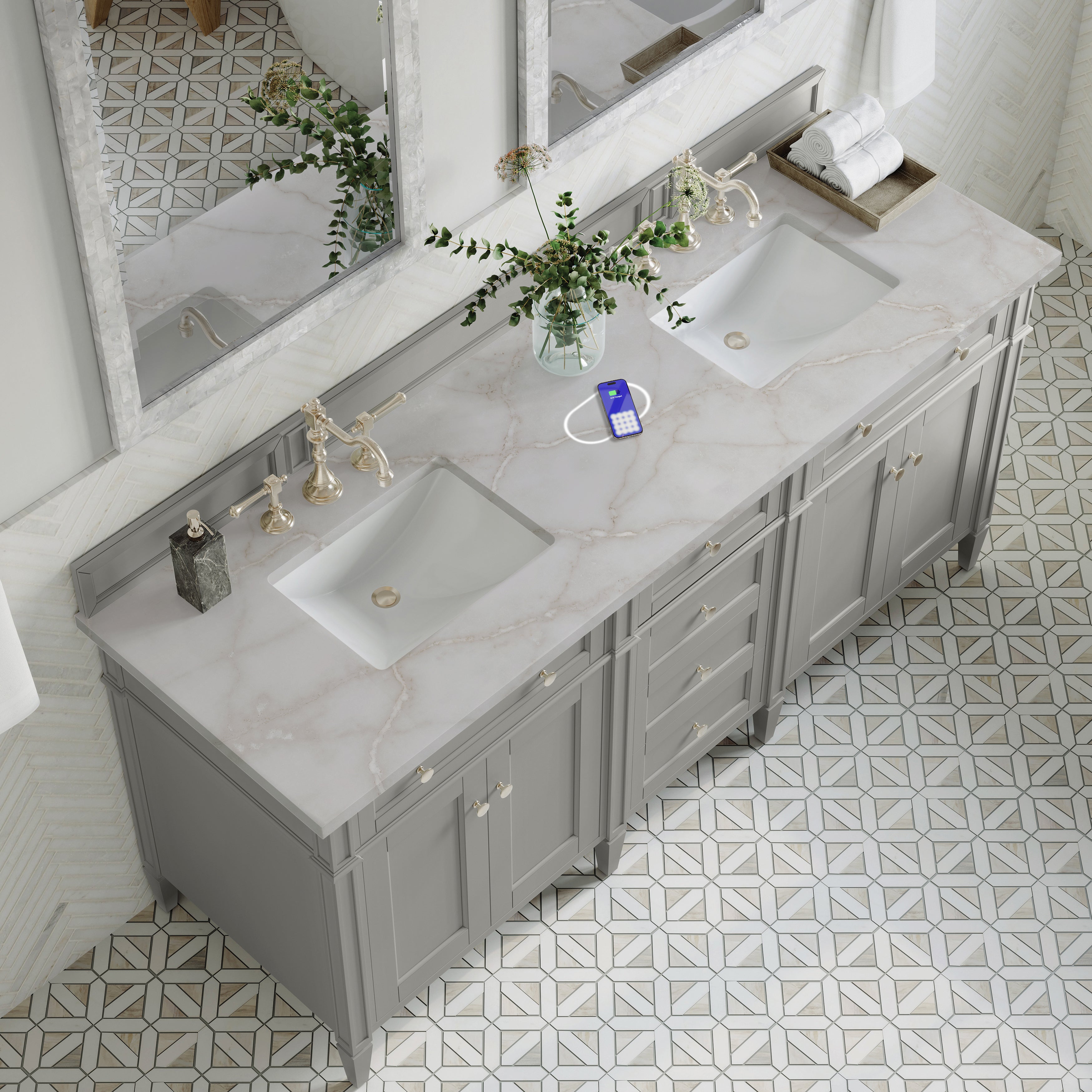James Martin Brittany 72" Double Vanity in Urban Gray with 3cm Countertop and FreePower Wireless Charger
