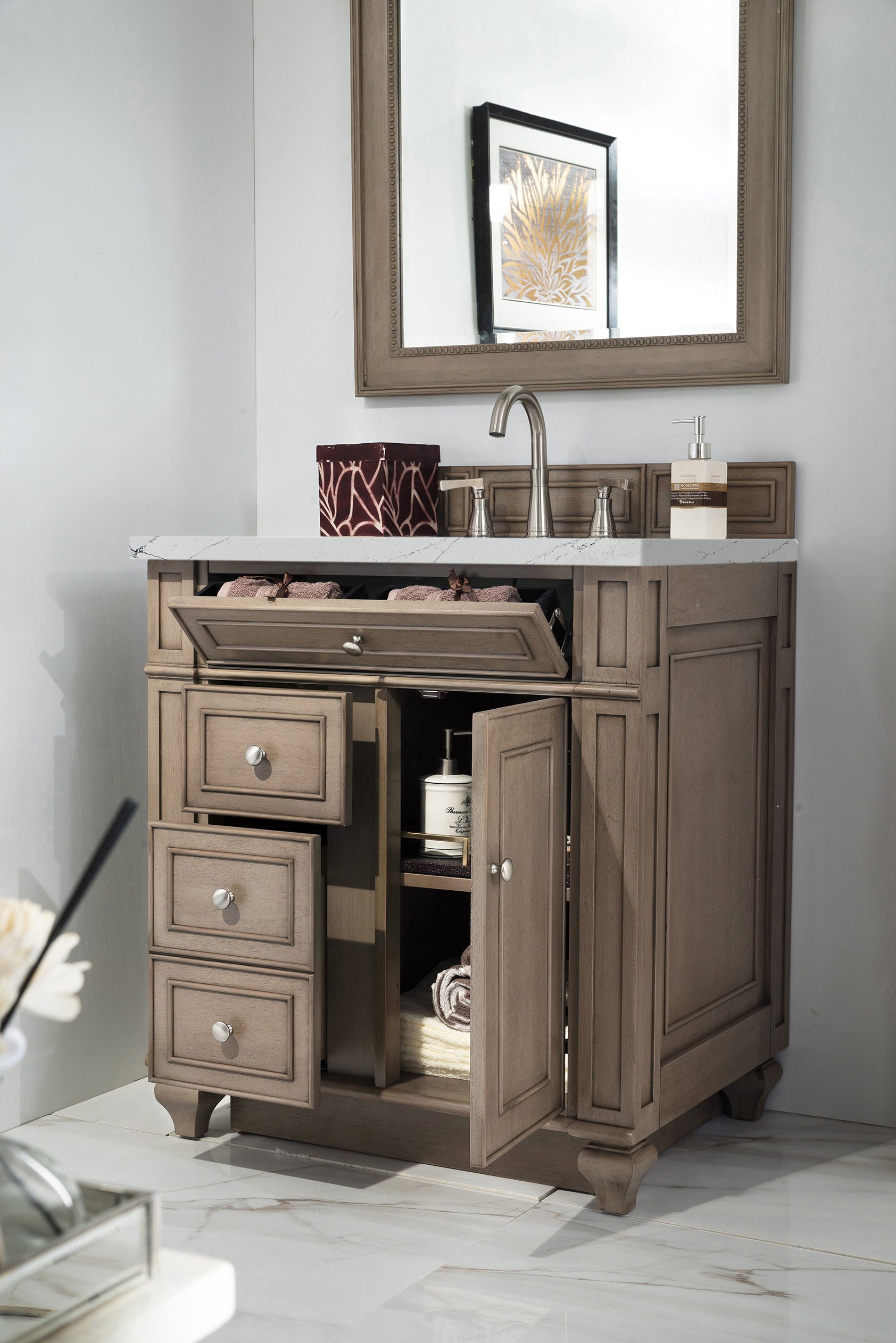 James Martin Bristol 30" Single Vanity in Whitewashed Walnut with 3cm Countertop