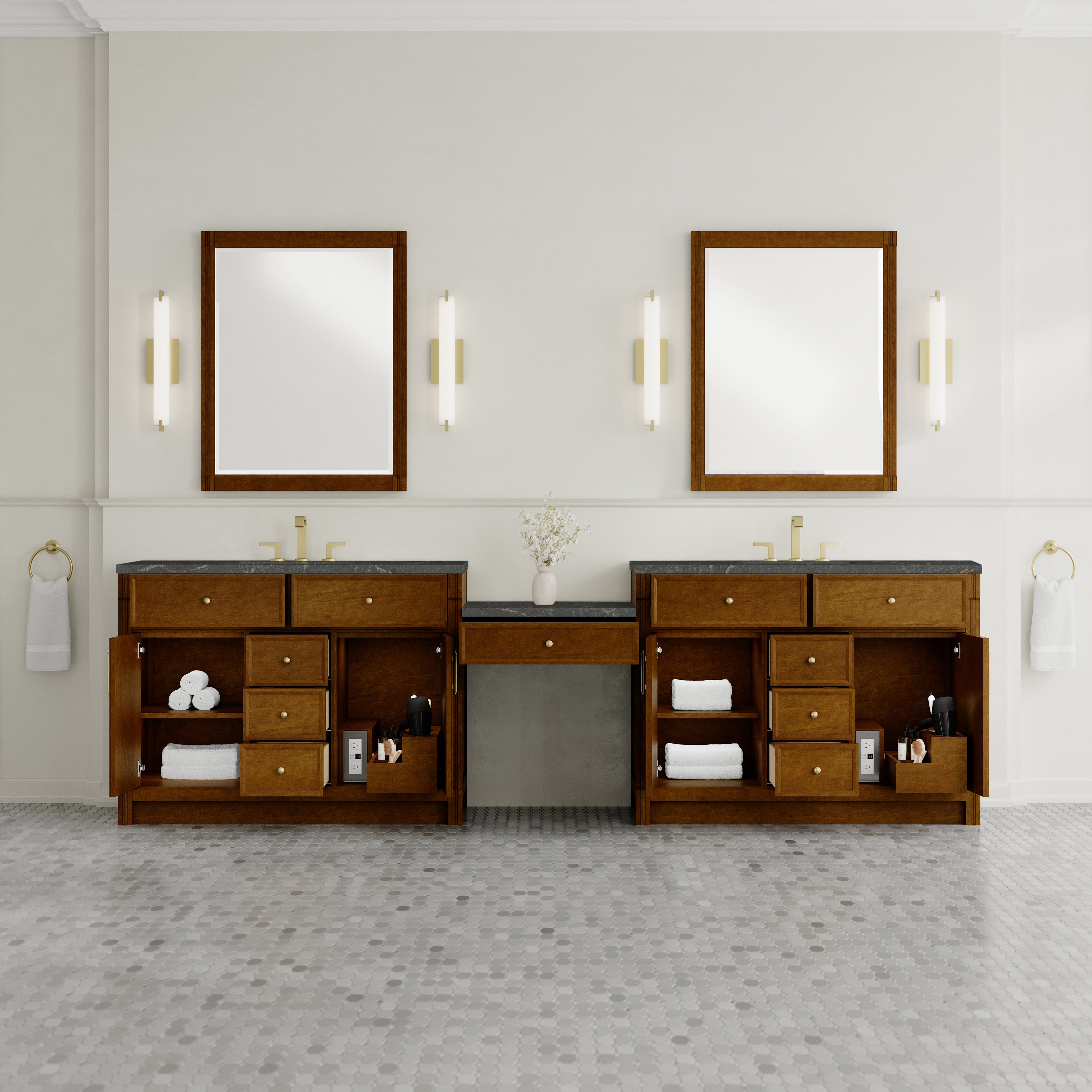 James Martin Bellshire 120" Dual Vanity Set with 24" Make-Up Counter in Honey Oak with 3cm Countertop
