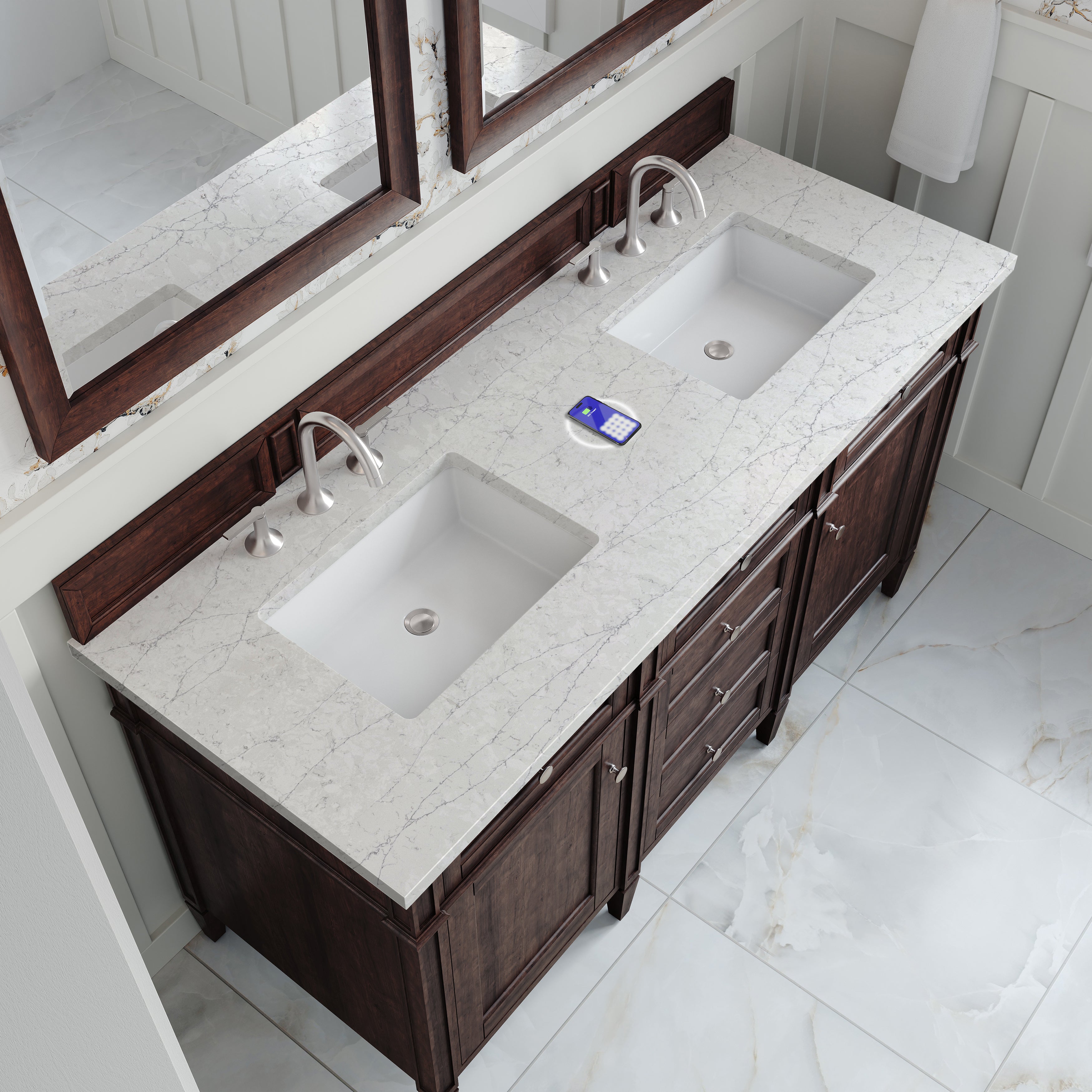 James Martin Brittany 60" Double Vanity in Burnished Mahogany with 3cm Countertop and FreePower Wireless Charger