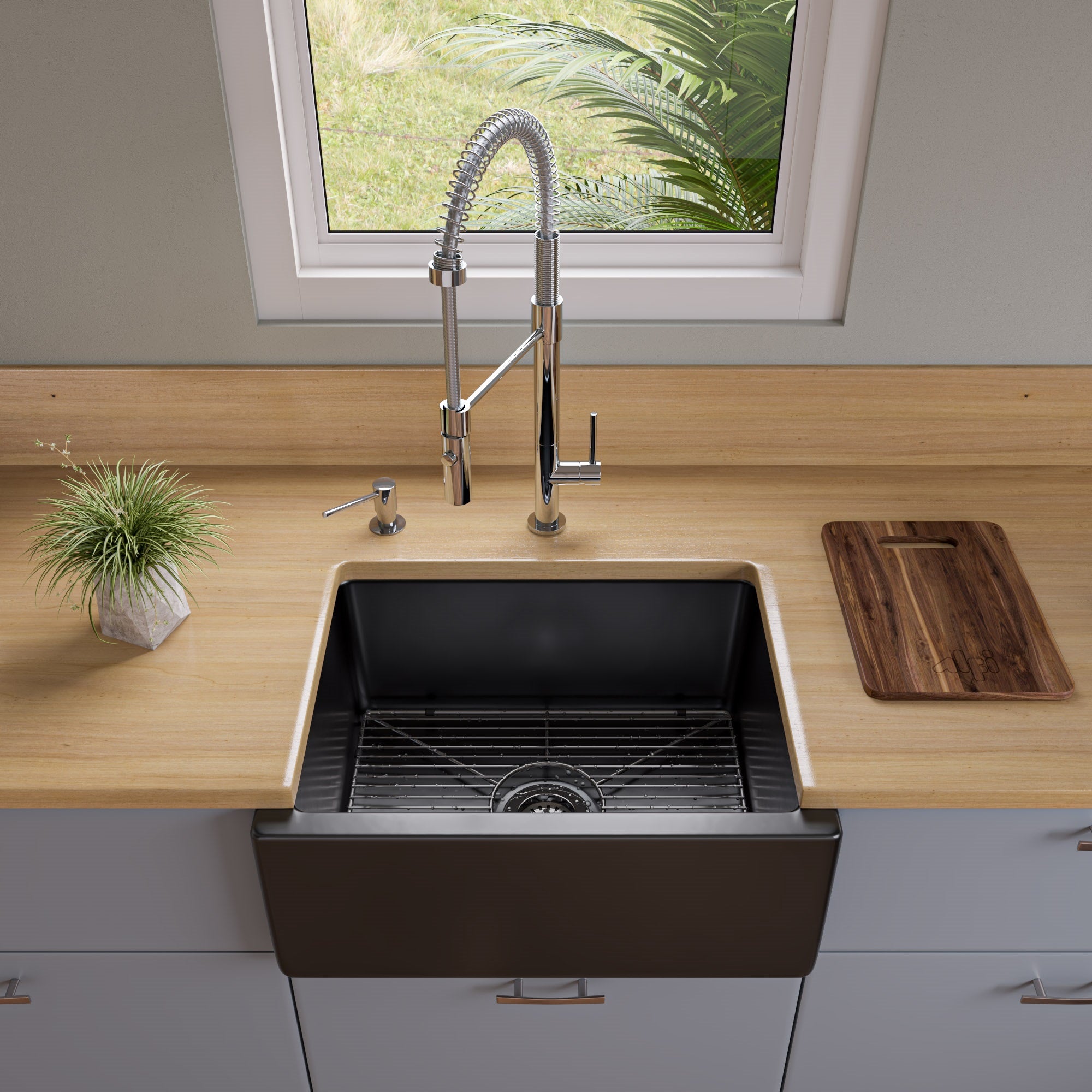 ALFI brand AB2418HS 24" Reversible Smooth / Fluted Single Bowl Fireclay Farm Sink – Biscuit, Black Gloss, Black Matte, White