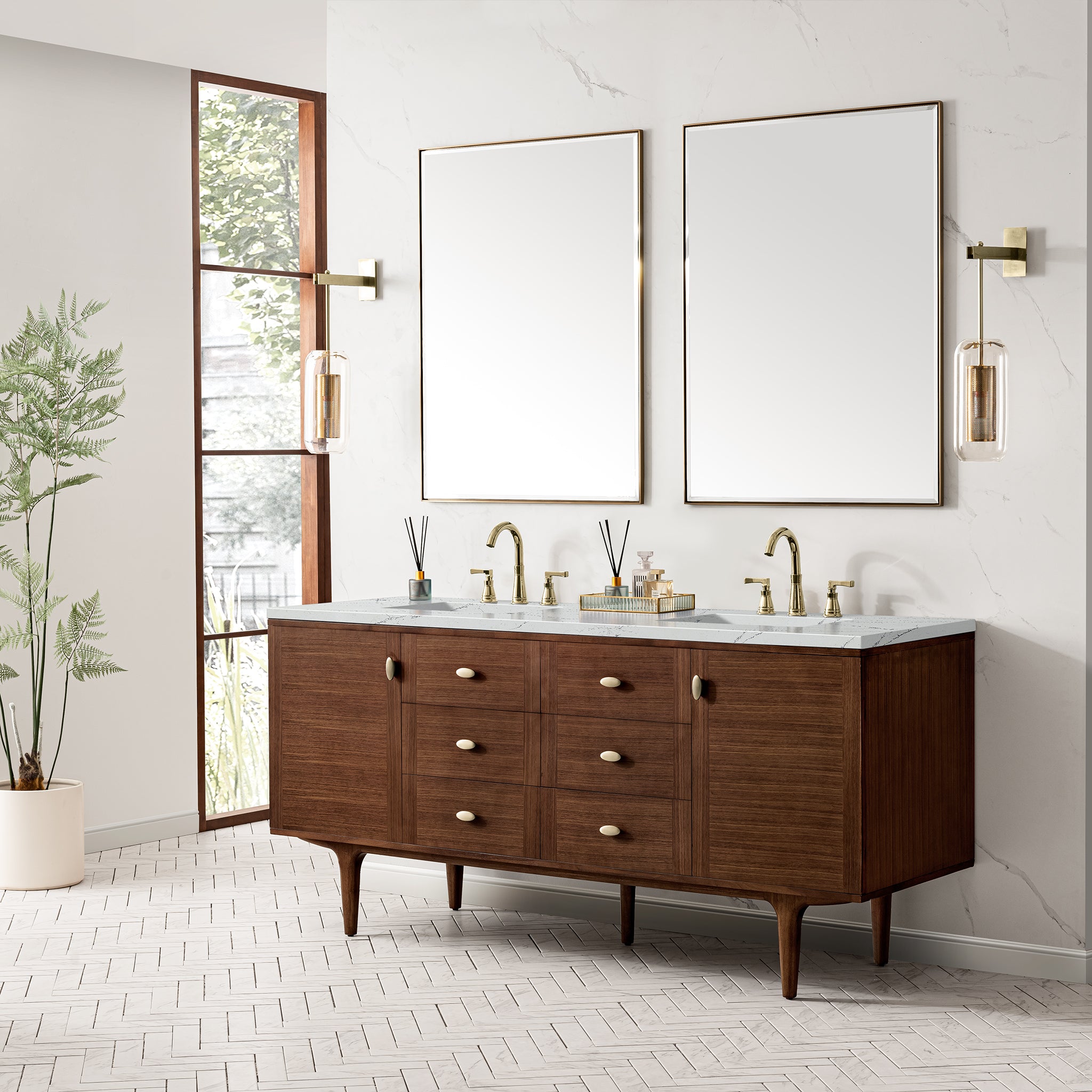 James Martin Amberly 72" Double Vanity in Mid-Century Walnut with 3cm Countertop