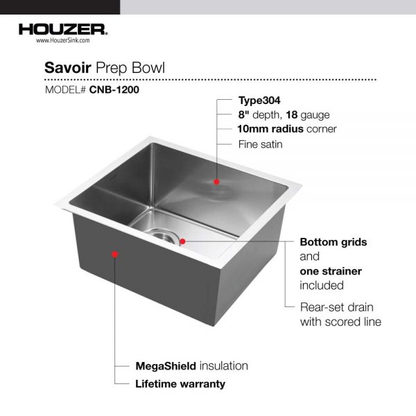 Houzer Savior 12" Stainless Steel Undermount Kitchen Bar Sink with Strainer & Grid