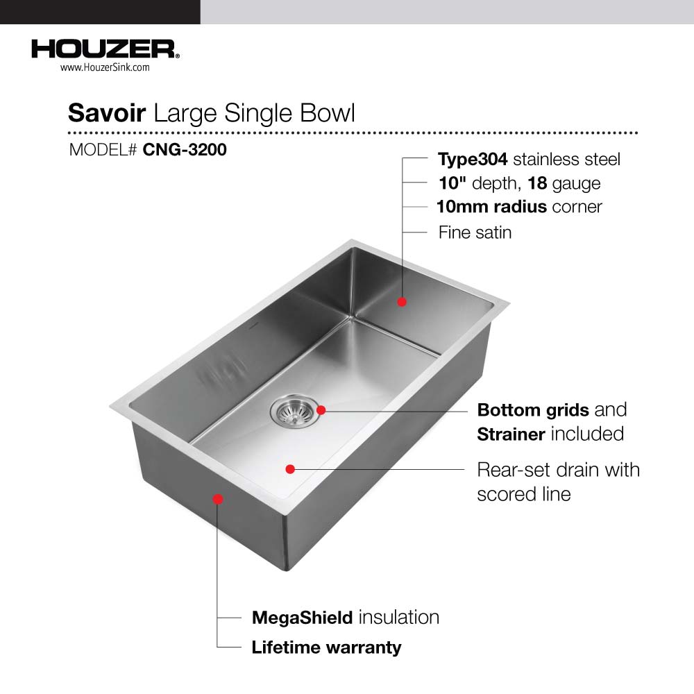 Houzer Savior 32" Stainless Steel Undermount Single Bowl Kitchen Sink with Strainer & Grid