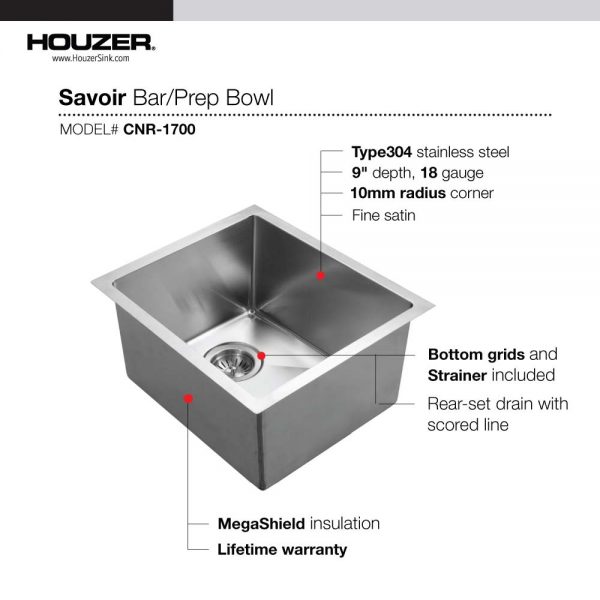 Houzer Savior 17" Stainless Steel Undermount Medium Bowl Kitchen Bar Sink with Strainer & Grid