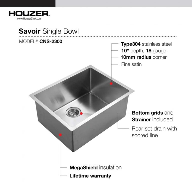 Houzer Savior 23" Stainless Steel Undermount Single Bowl Kitchen Sink with Strainer & Grid