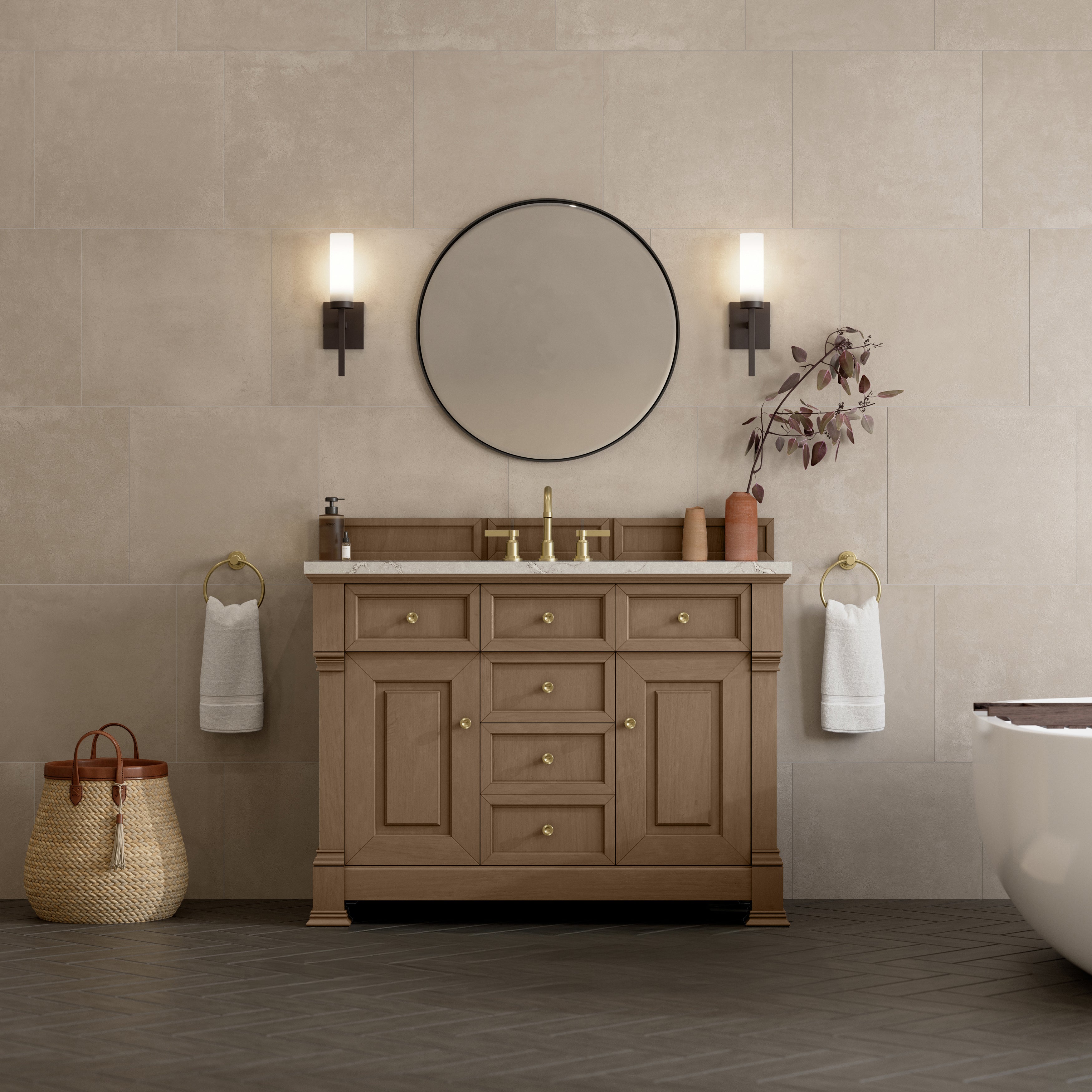 James Martin Brookfield 48" Single Vanity in Pecan with 3cm Countertop and FreePower Wireless Charger