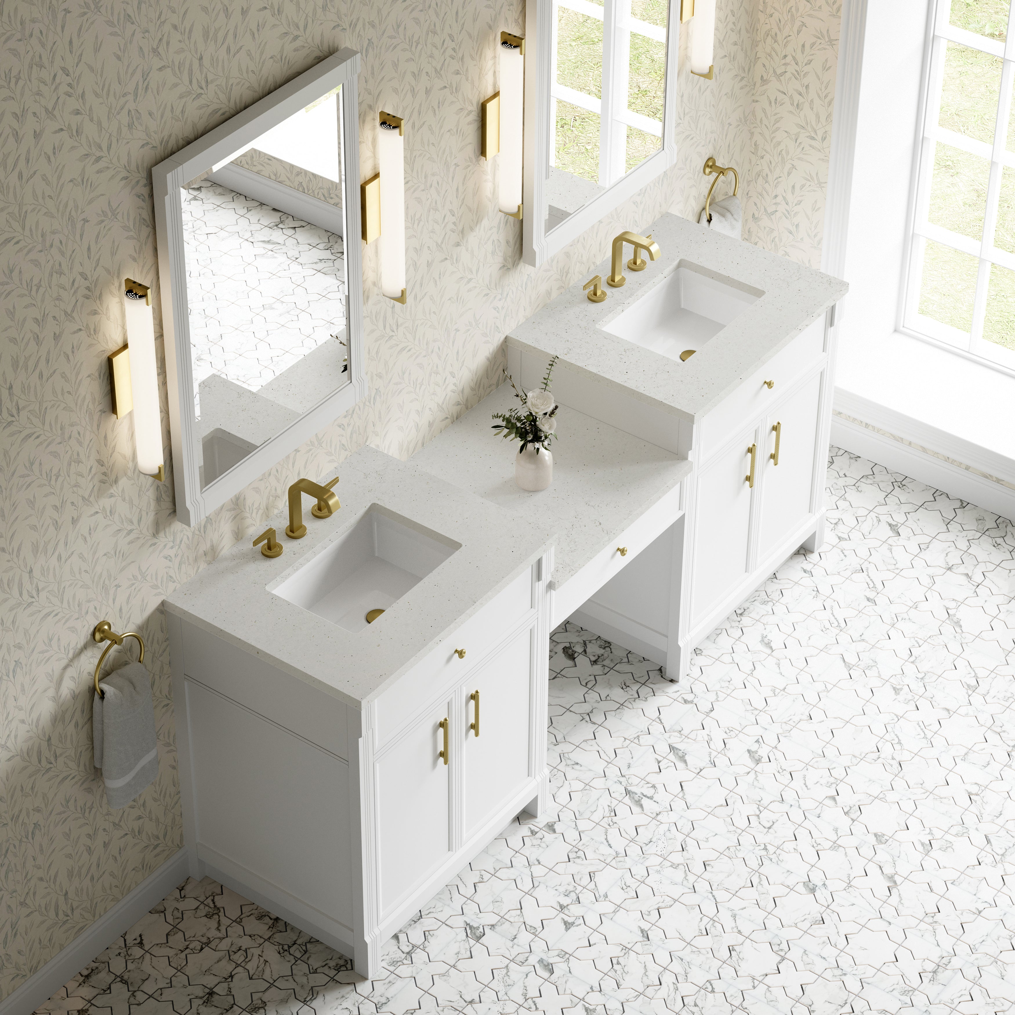 James Martin Bellshire 84" Dual Vanity Set with 24" Make-Up Counter in Bright White with 3cm Countertop