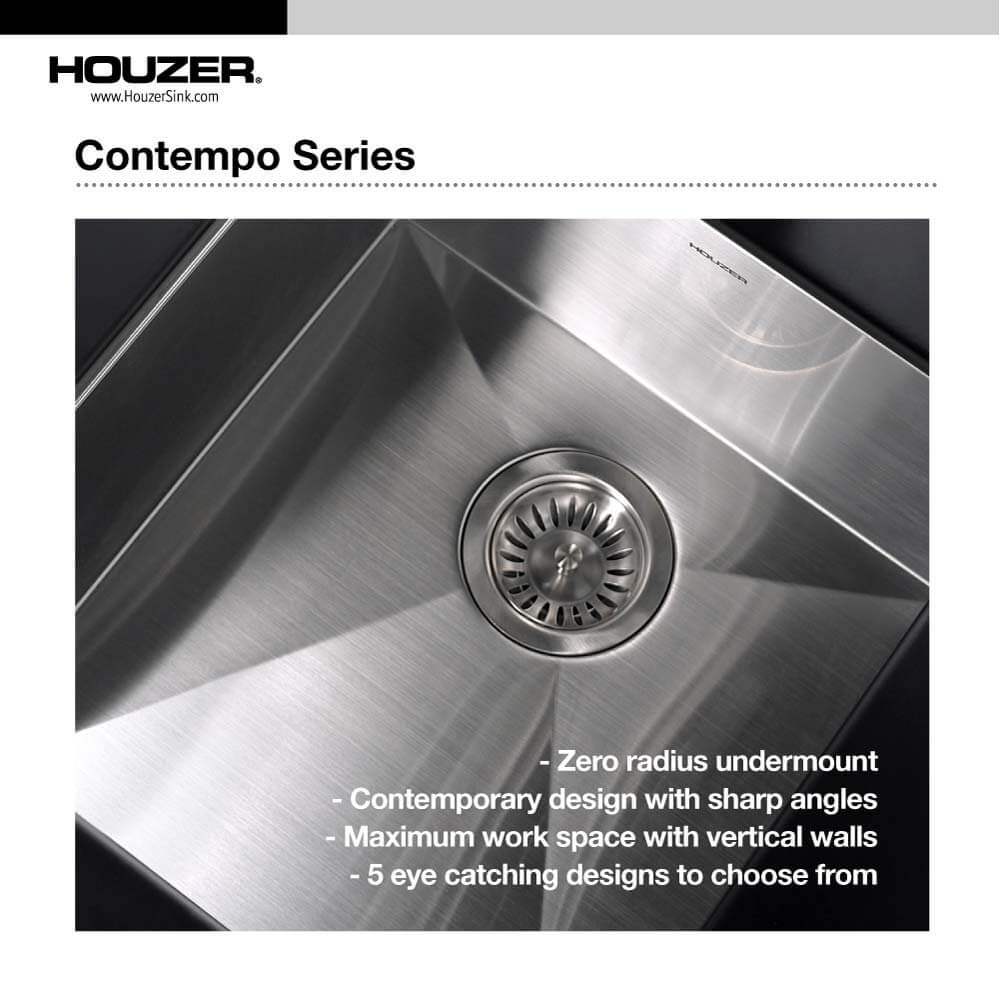 Houzer Contempo 33" Stainless Steel Undermount 70/30 Double Right Prep Bowl Kitchen Sink with Strainer & Grids