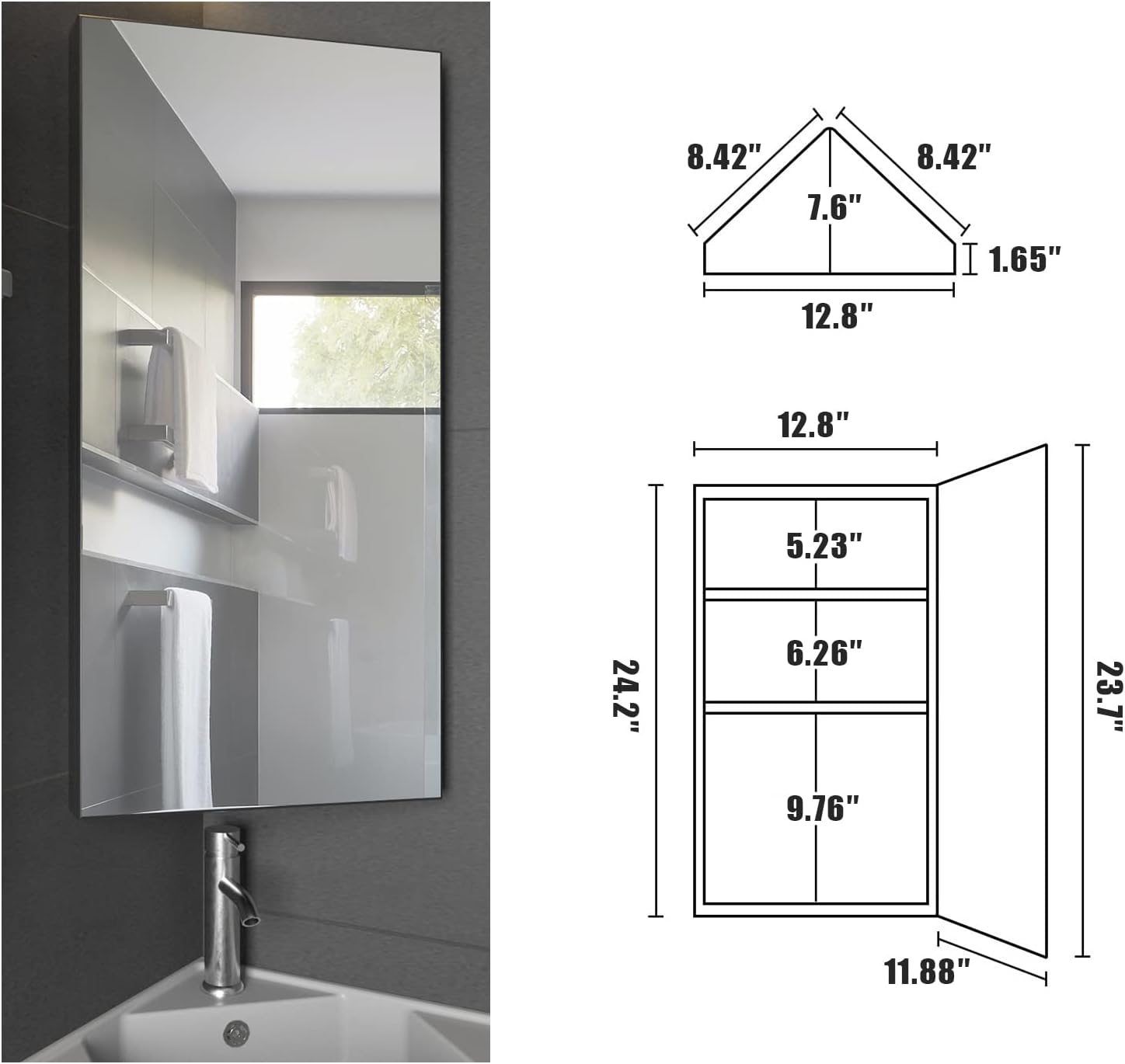 Chans Furniture MMC-Corner Corner Medicine Cabinet with Mirrored Door and Triple-Shelf Storage