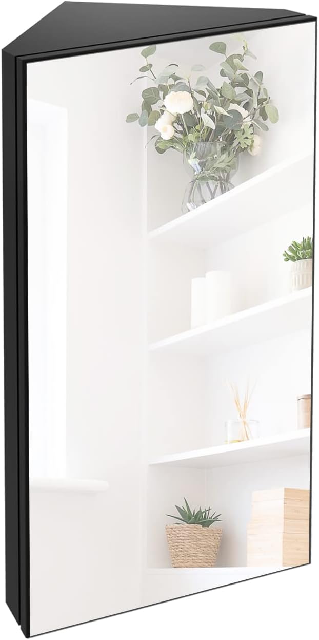 Chans Furniture MMC-Corner Corner Medicine Cabinet with Mirrored Door and Triple-Shelf Storage