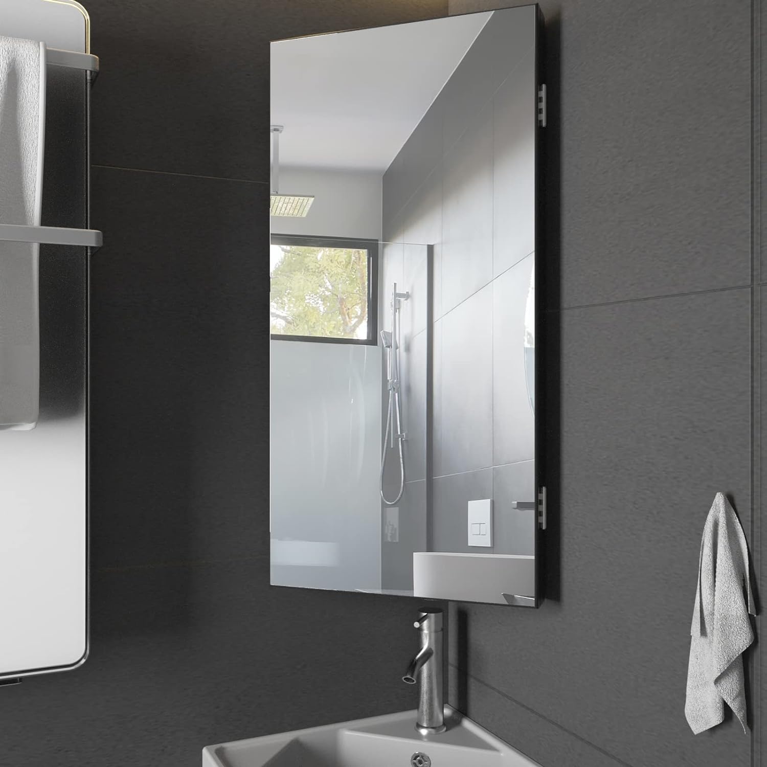 Chans Furniture MMC-Corner Corner Medicine Cabinet with Mirrored Door and Triple-Shelf Storage