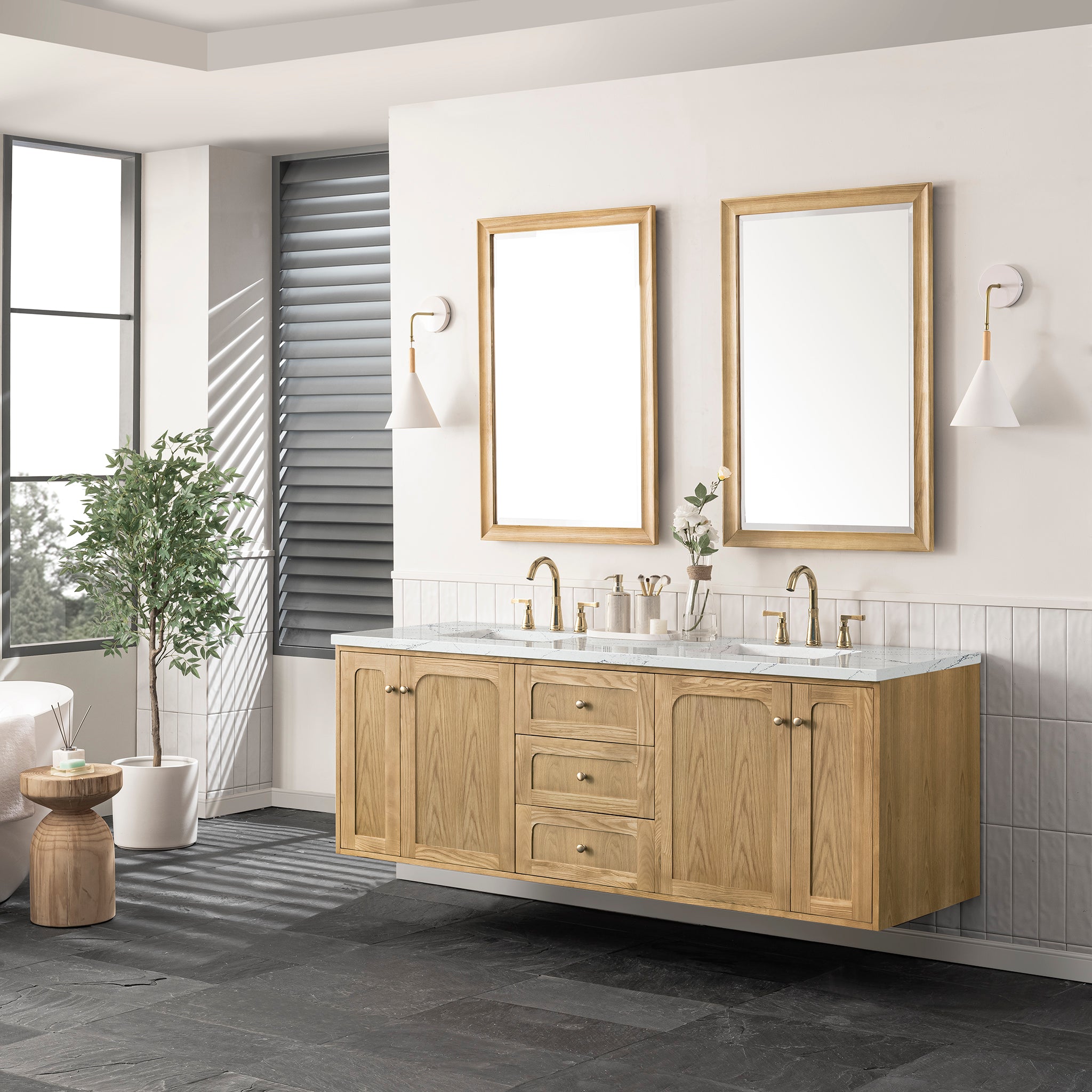 James Martin Laurent 72" Double Vanity in Light Natural Oak with 3cm Countertop and FreePower Wireless Charger