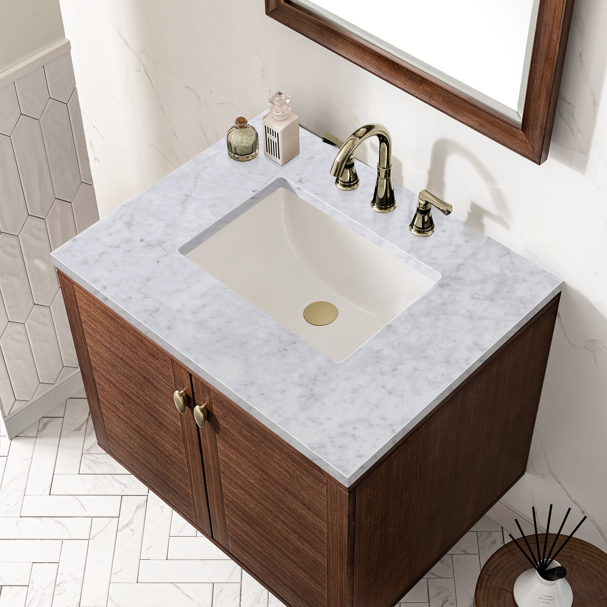James Martin Amberly 30" Single Vanity in Mid-Century Walnut with 3cm Countertop
