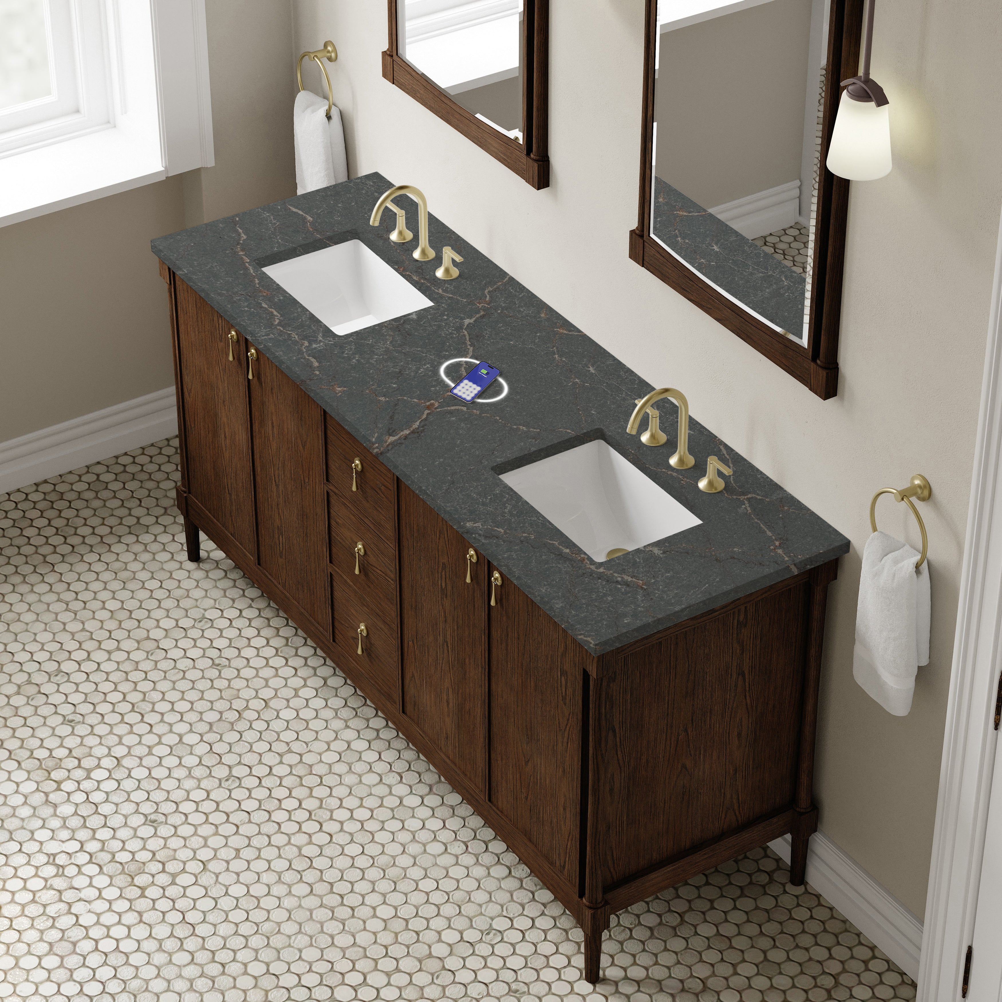 James Martin Kinnsden 72" Double Vanity in Sable Oak with 3cm Carrara Marble Top and FreePower Wireless Charger