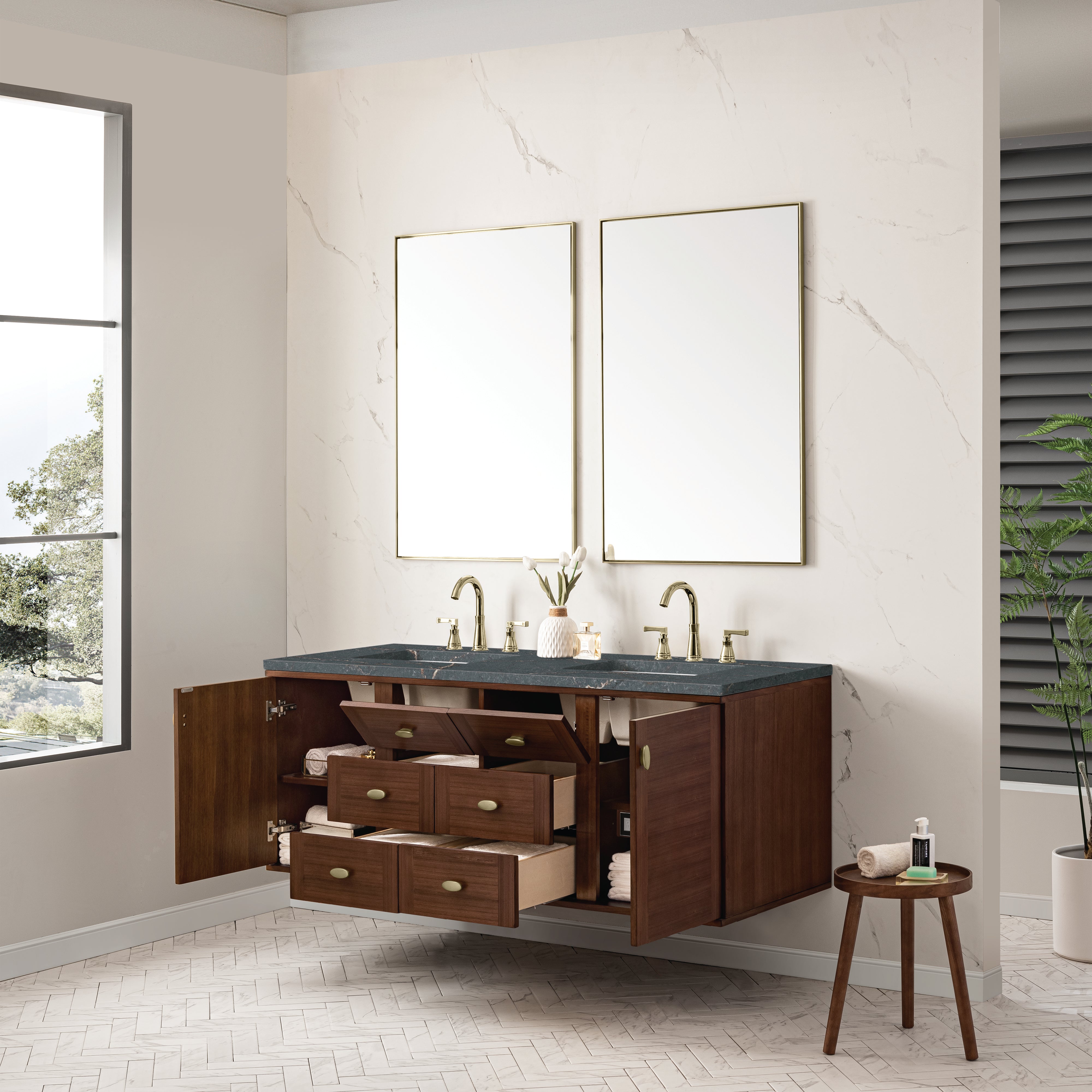 James Martin Amberly 60" Double Vanity in Mid-Century Walnut with 3cm Countertop