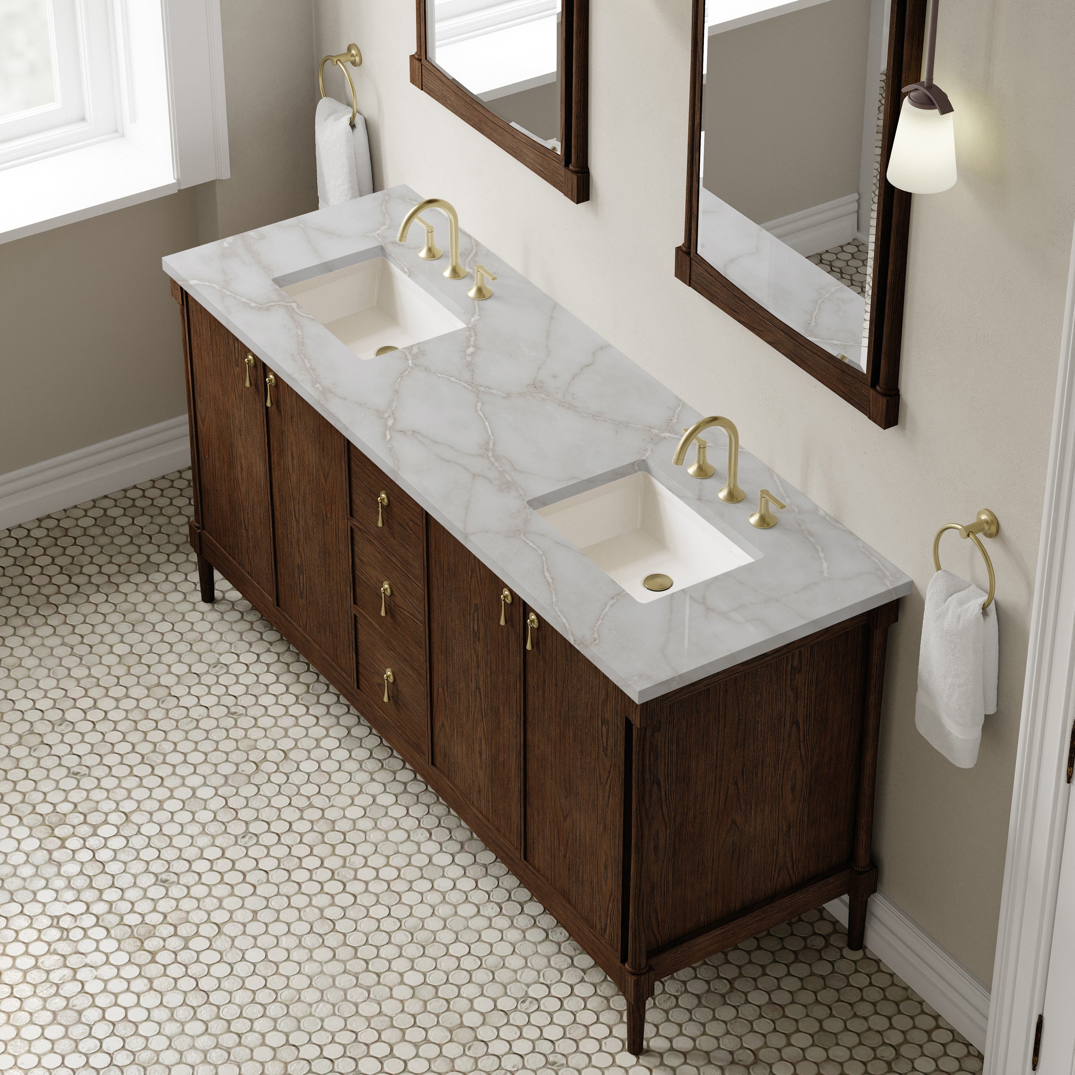 James Martin Kinnsden 72" Double Vanity in Sable Oak with 3cm Carrara Marble Top