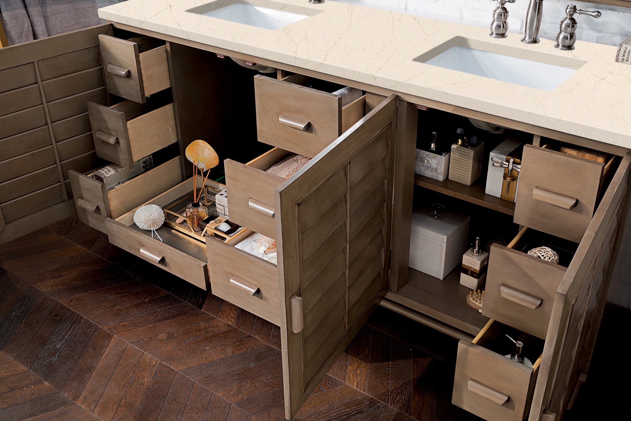 James Martin Portland 72" Double Vanity in Whitewashed Walnut with 3cm Countertop