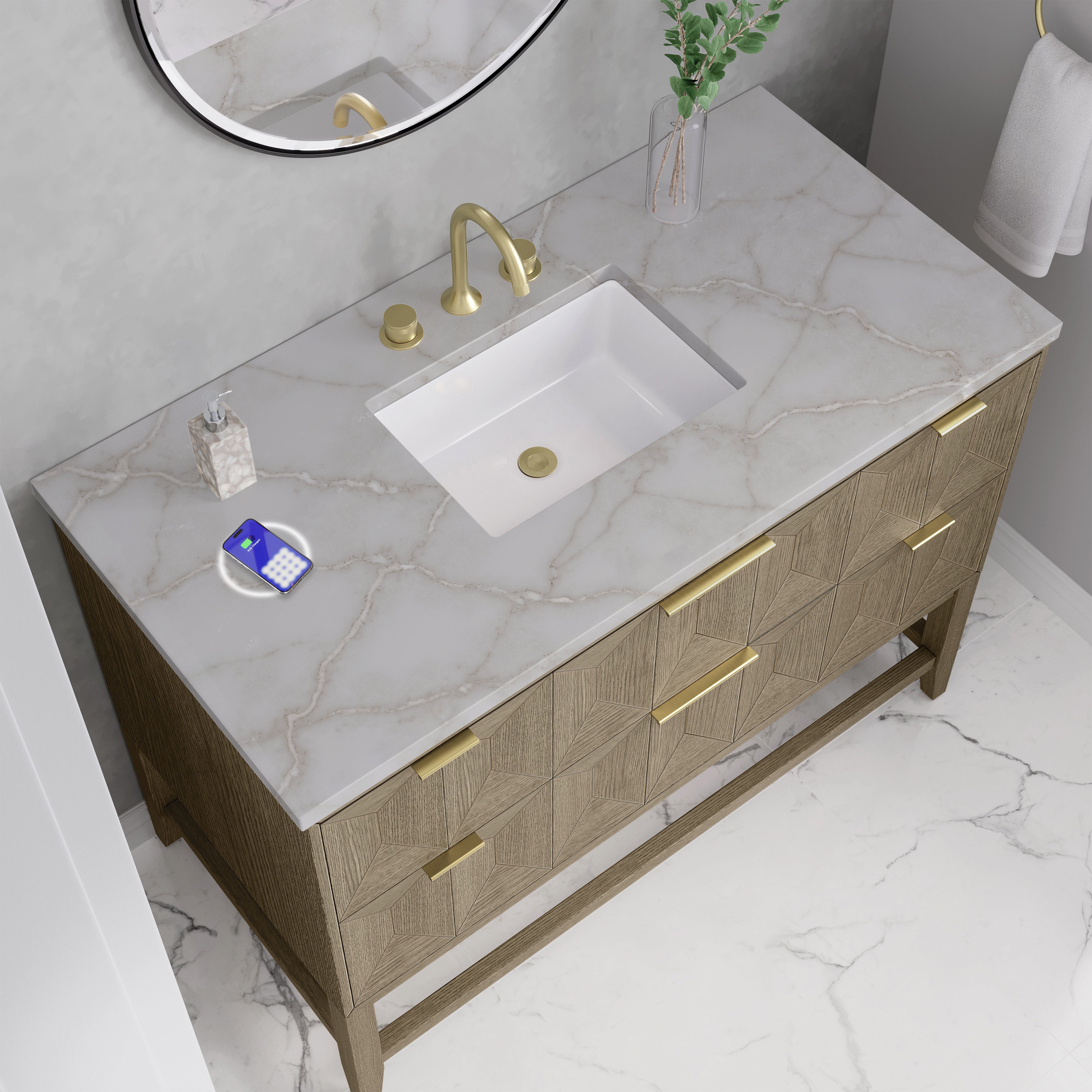 James Martin Emmeline 48" Single Vanity in Pebble Oak with 3cm Countertop and FreePower Wireless Charger