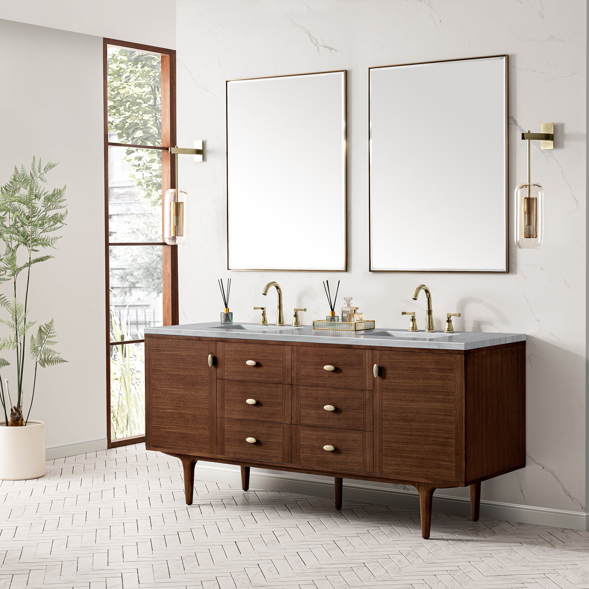 James Martin Amberly 72" Double Vanity in Mid-Century Walnut with 3cm Countertop