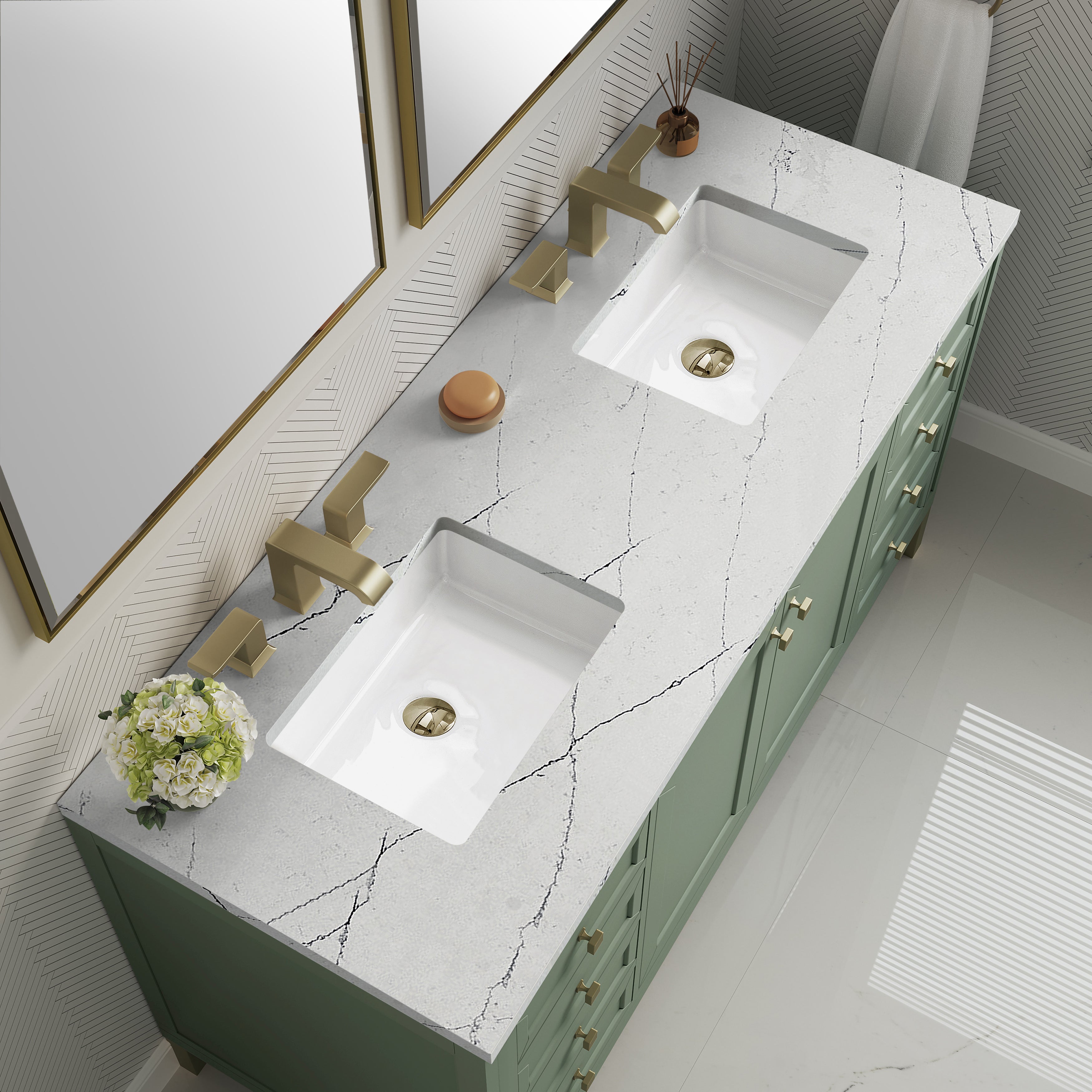 James Martin Chicago 60" Double Vanity in Smokey Celadon with 3cm Countertop