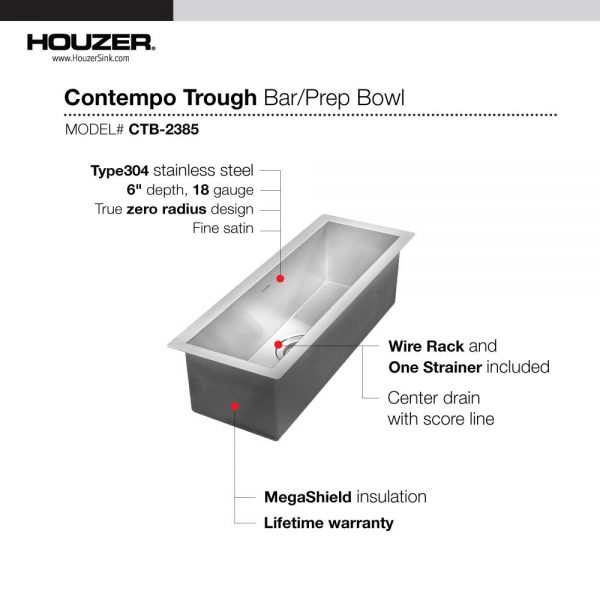 Houzer Contempo Trough 23" Stainless Steel Undermount Bar Sink with Strainer and Grid