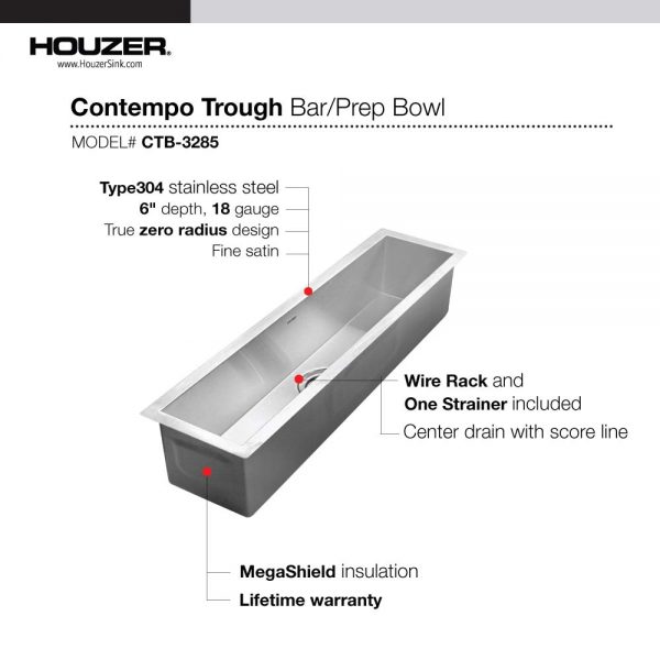Houzer Contempo Trough 32" Stainless Steel Undermount Single Bowl Bar Sink with Strainer & Grid