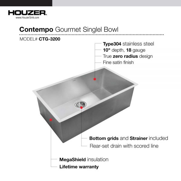 Houzer Contempo 32" Stainless Steel Undermount Single Bowl Kitchen Sink with Strainer & Grid