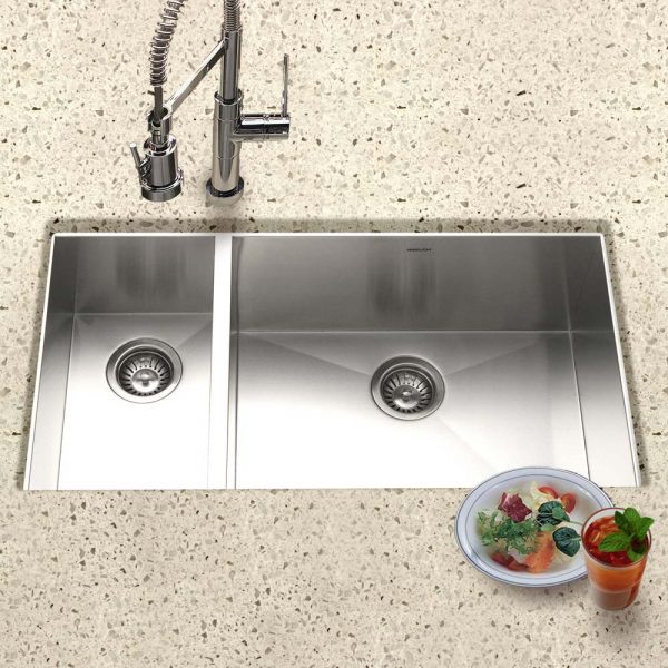 Houzer Contempo 33" Stainless Steel Undermount 70/30 Double Left Prep Bowl Kitchen Sink with Strainer & Grids